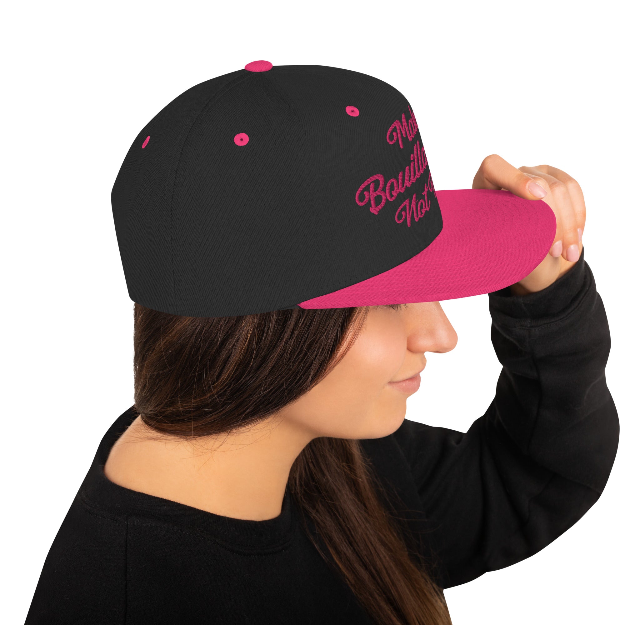 Two-Tone Snapback Wool Blend Cap Make Bouillabaisse Not War Flamingo