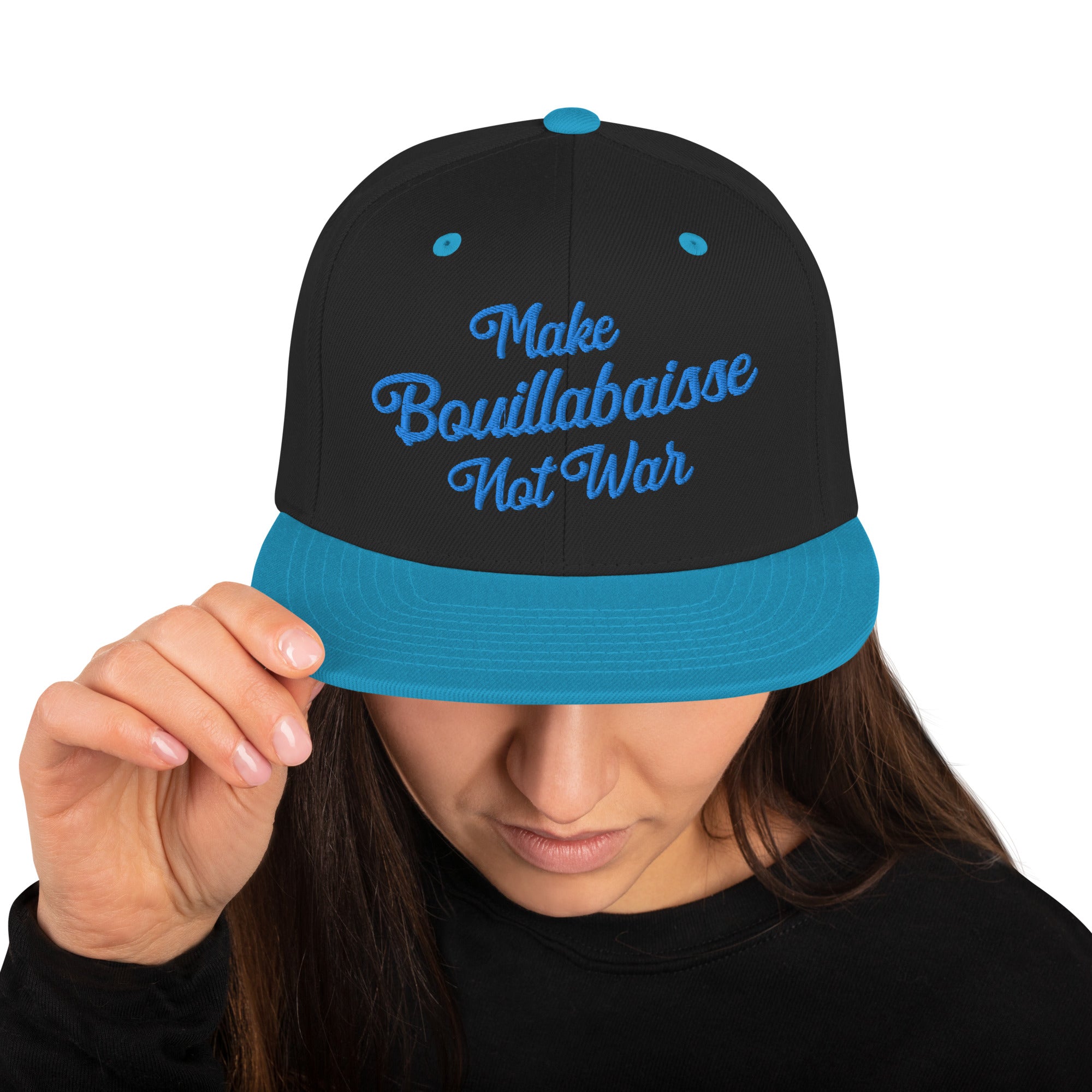 Two-Tone Snapback Wool Blend Cap Make Bouillabaisse Not War Aqua