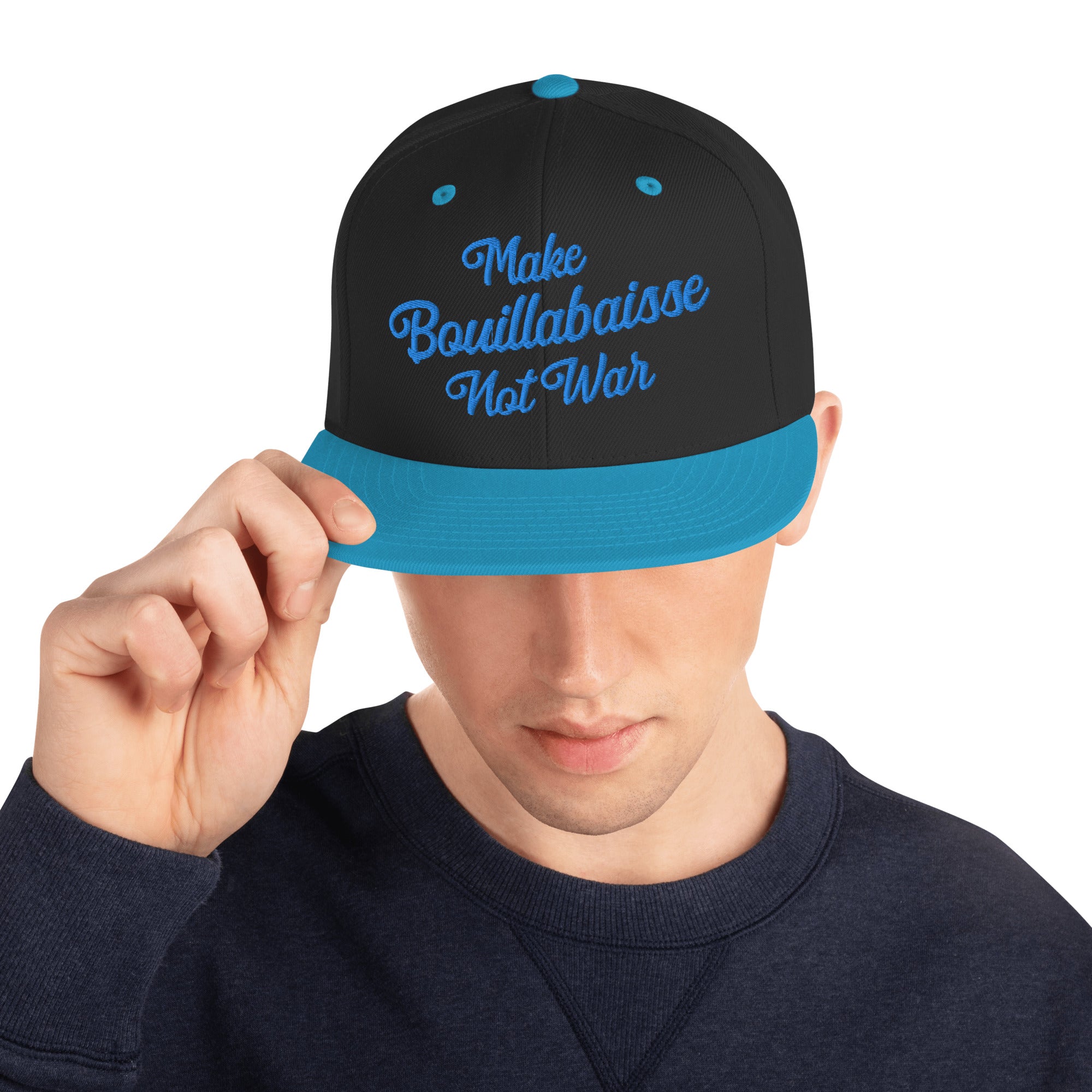 Two-Tone Snapback Wool Blend Cap Make Bouillabaisse Not War Aqua