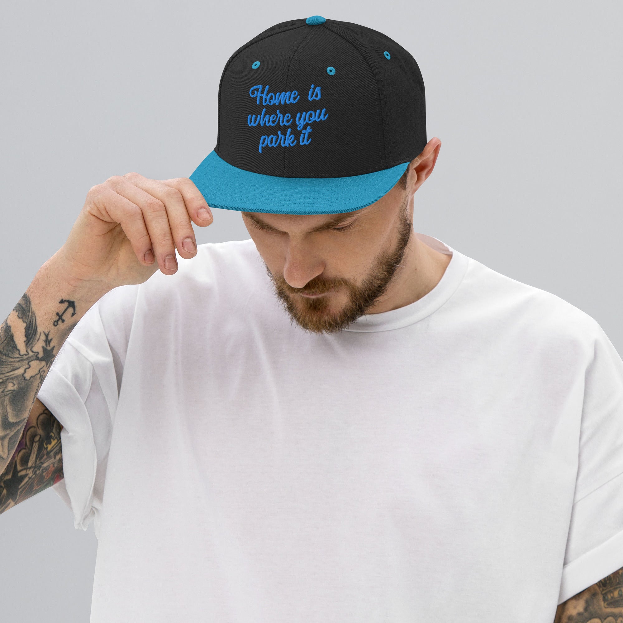 Two-Tone Snapback Wool Blend Cap Home is where you park it Aqua