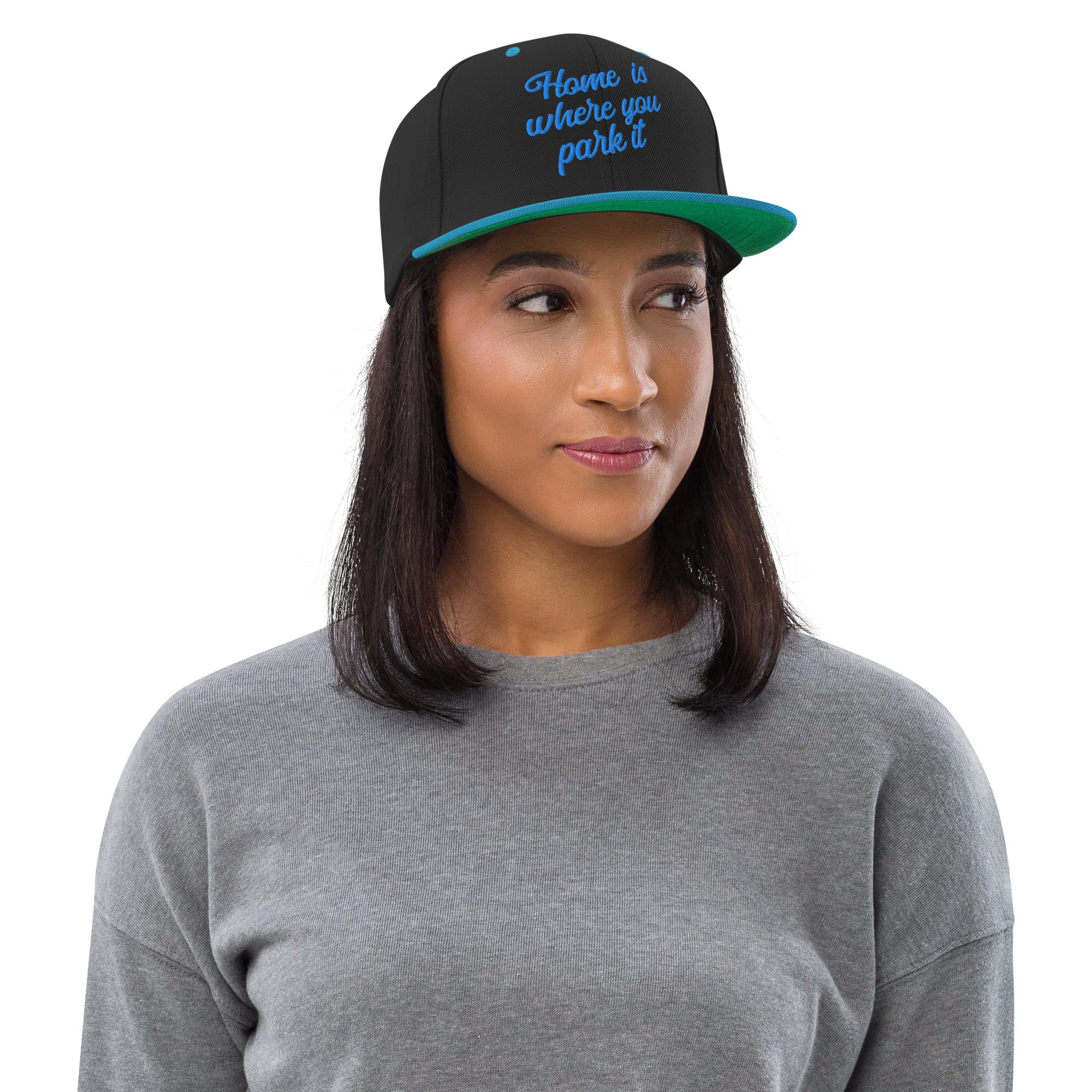 Two-Tone Snapback Wool Blend Cap Home is where you park it Aqua