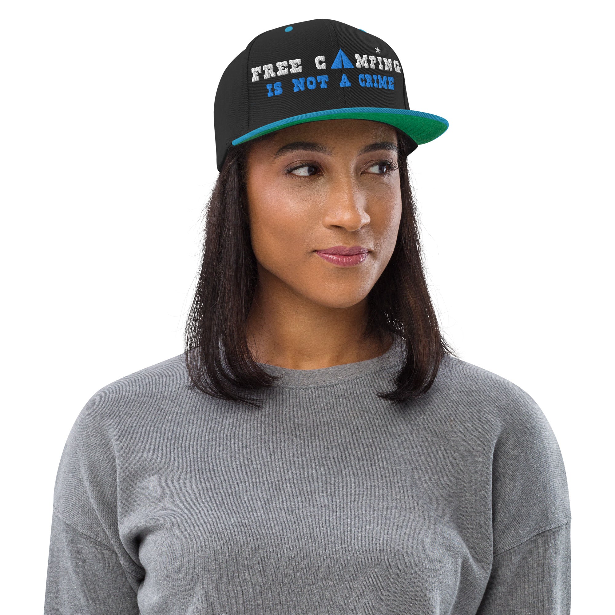 Two-Tone Snapback Wool Blend Cap Free camping is not a crime white/aqua