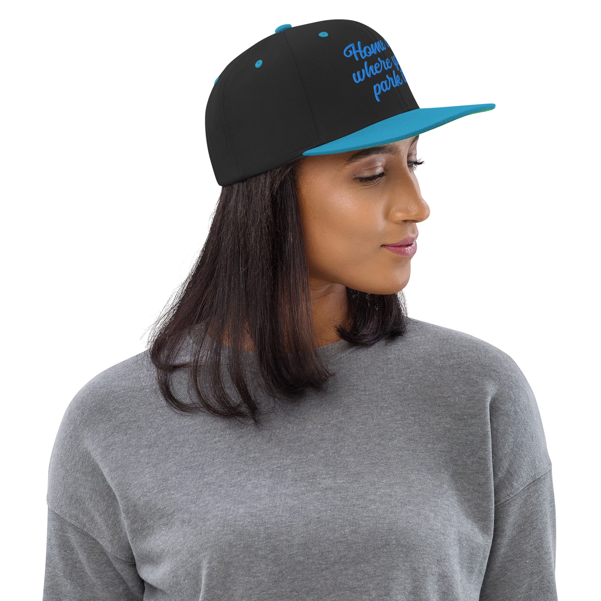 Two-Tone Snapback Wool Blend Cap Home is where you park it Aqua