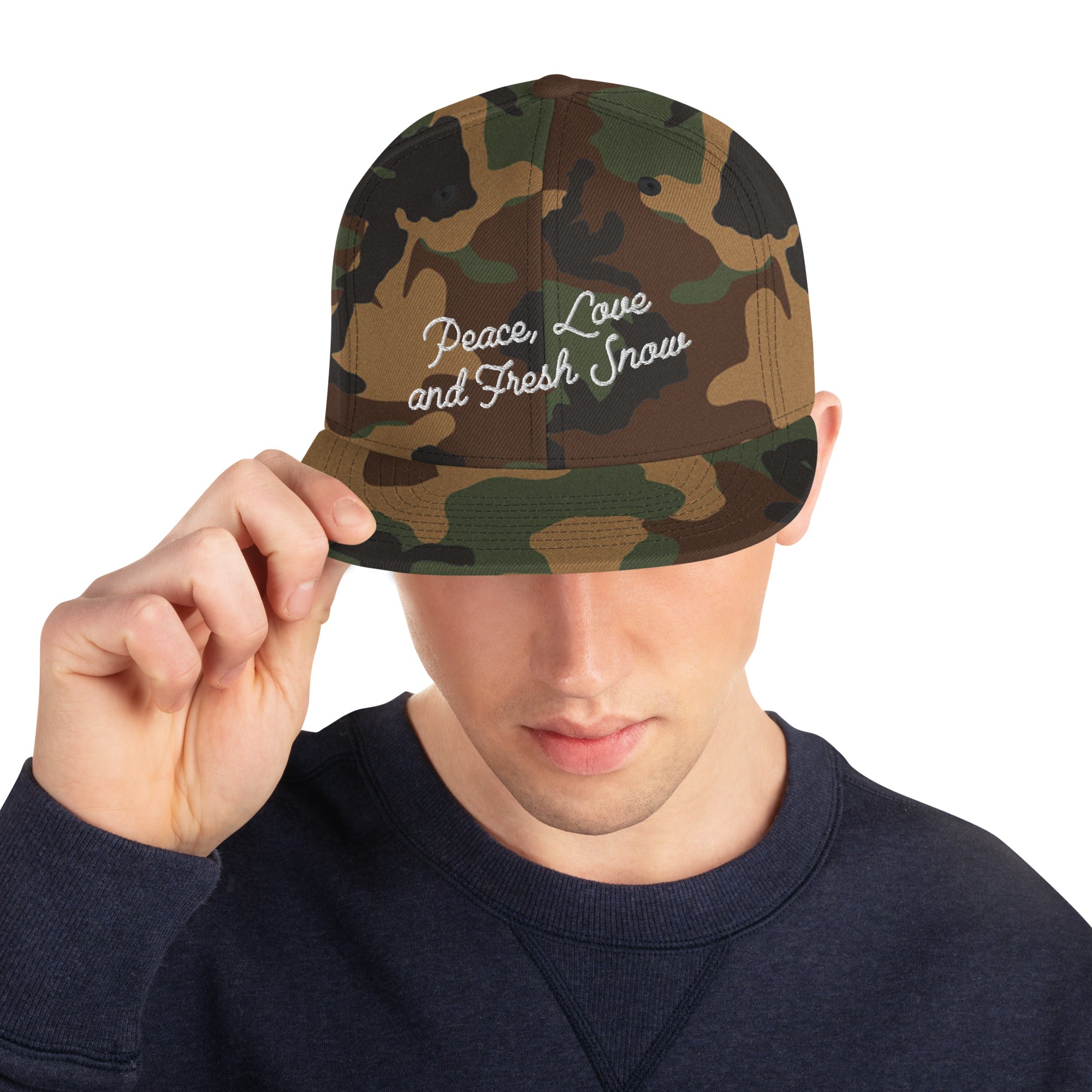 Camo Snapback Wool Blend Cap Peace, Love and Fresh Snow white