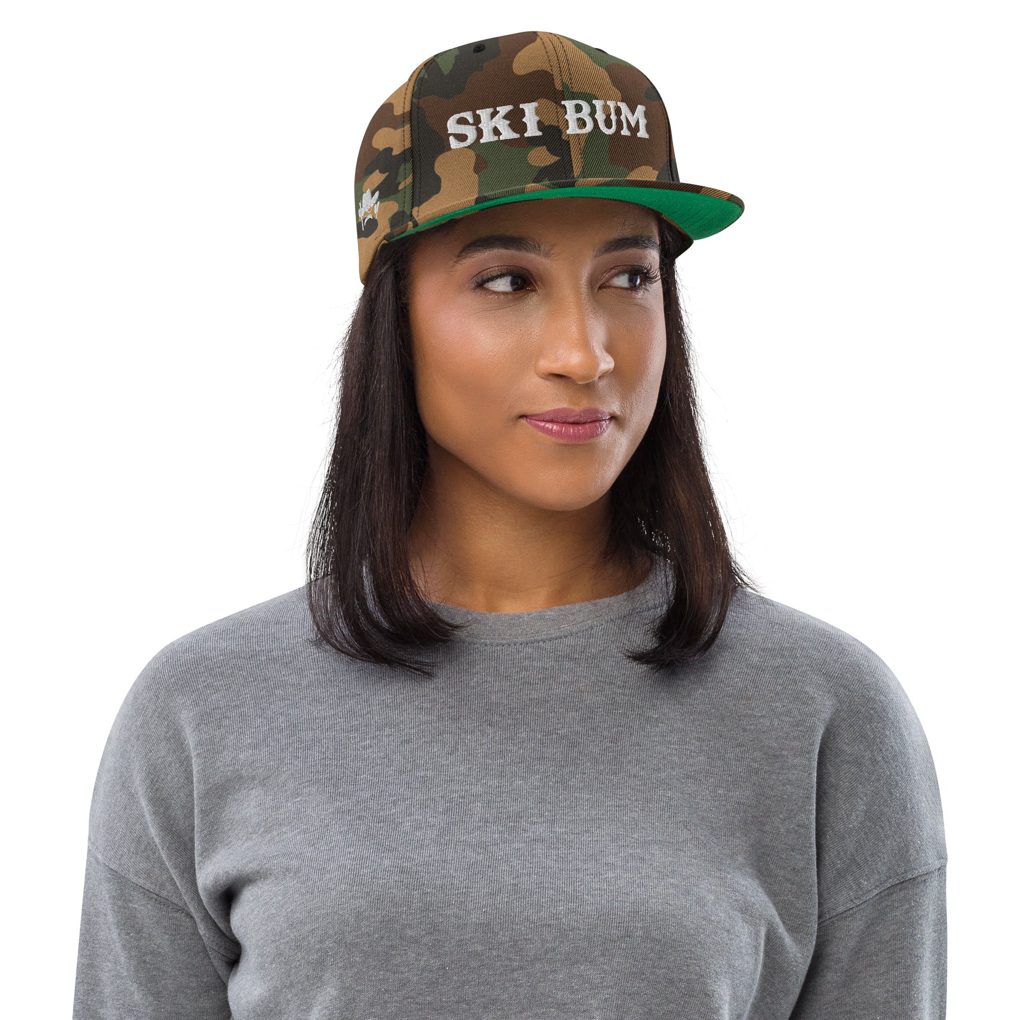 Camo Snapback Wool Blend Cap Ski Bum White embroidered pattern (3 sides)