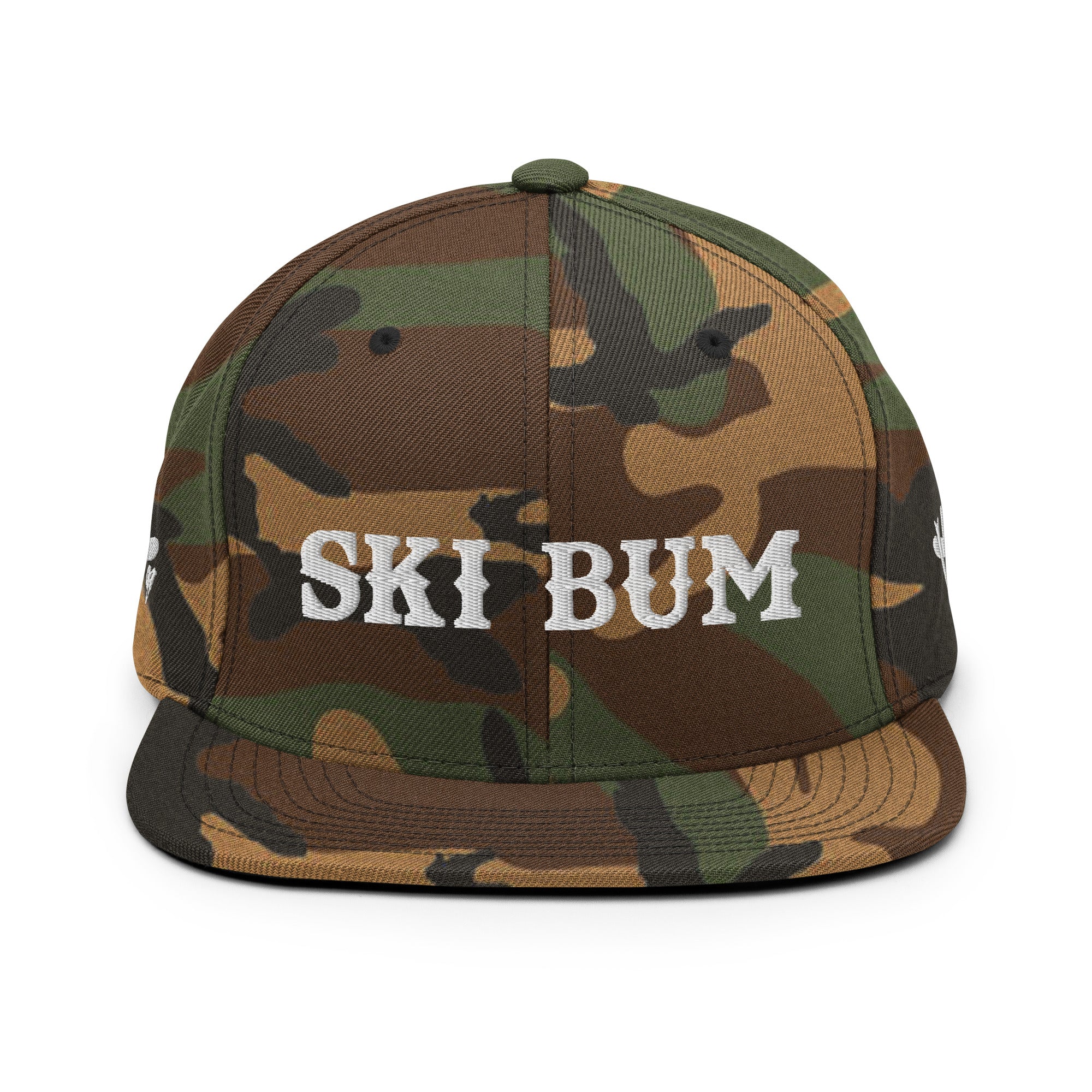 Camo Snapback Wool Blend Cap Ski Bum White embroidered pattern (3 sides)