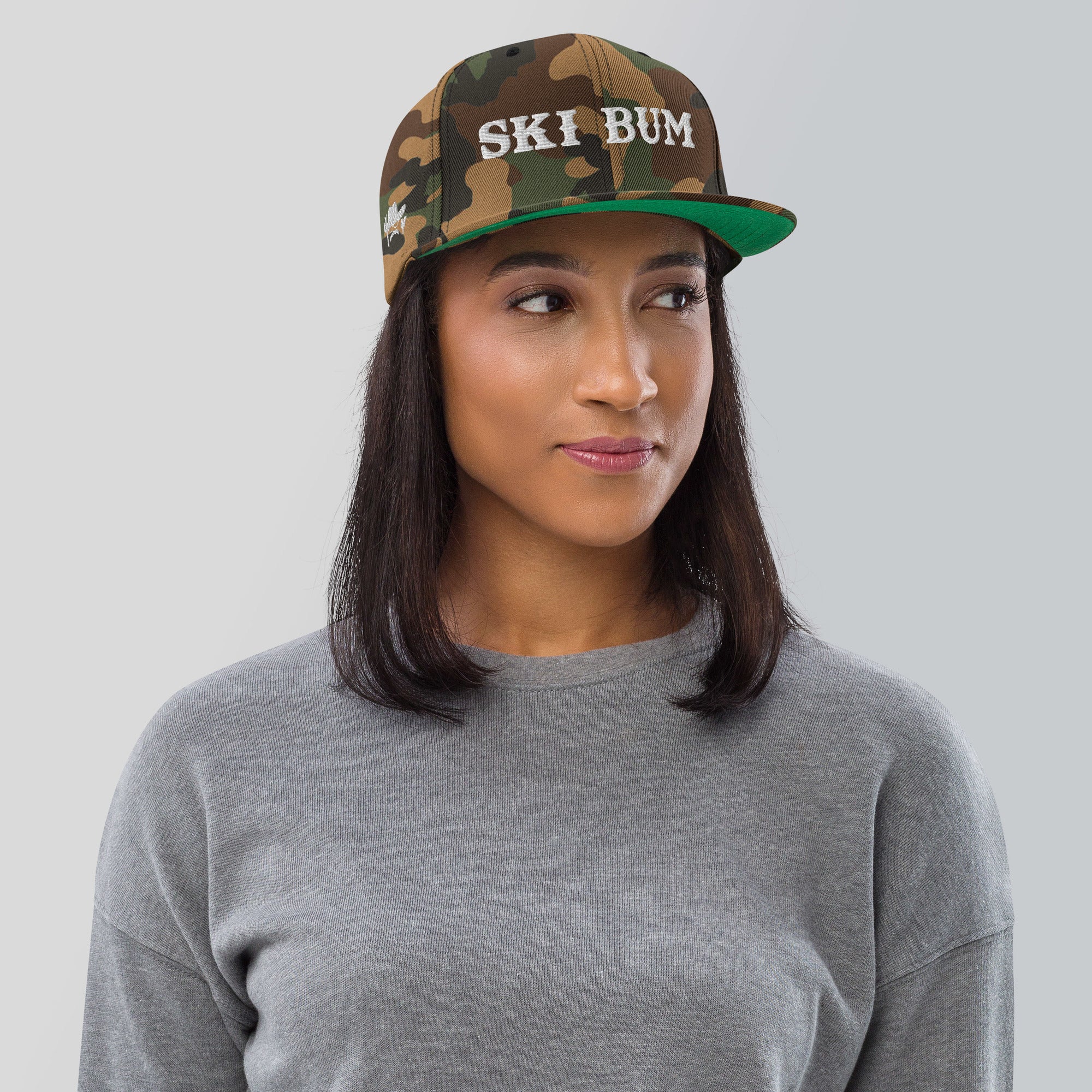 Camo Snapback Wool Blend Cap Ski Bum White embroidered pattern (3 sides)