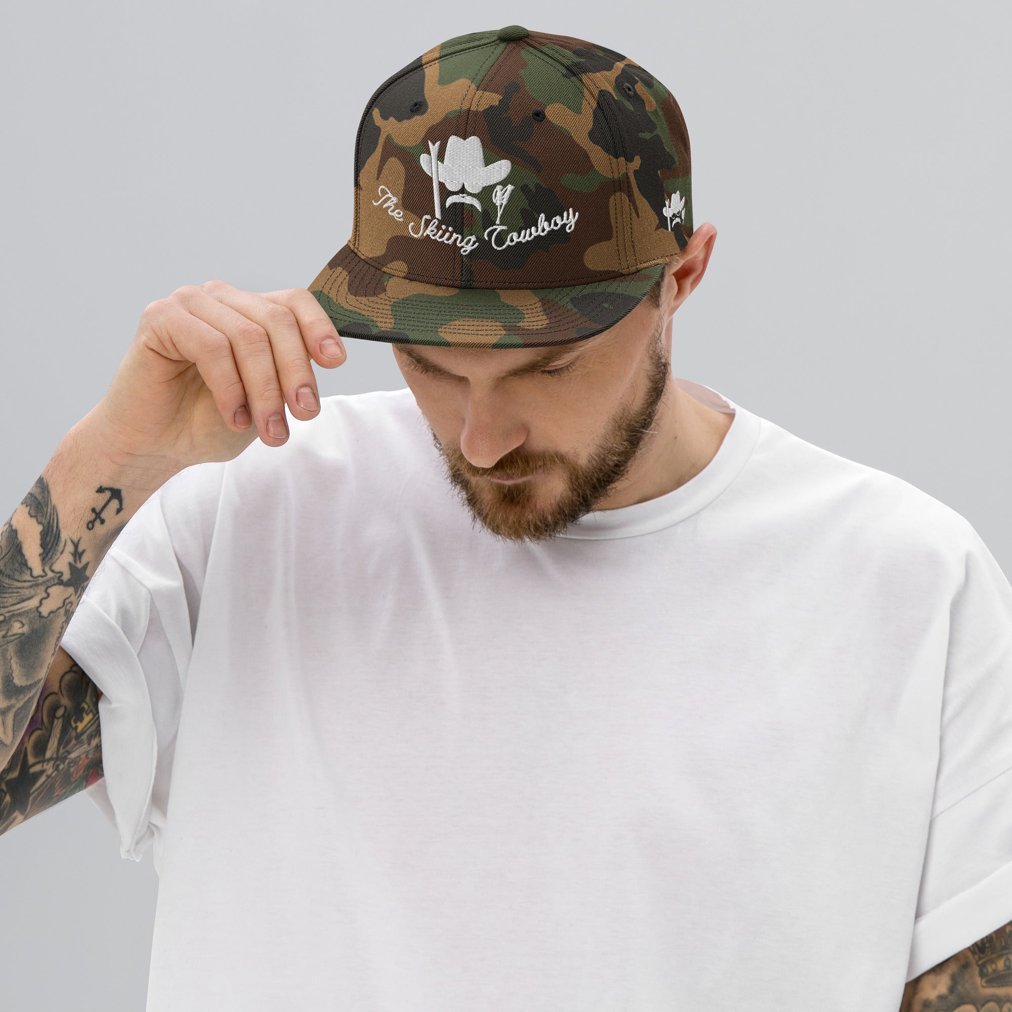 Camo Snapback Wool Blend Cap The Skiing Cowboy White embroidered pattern (3 sides)