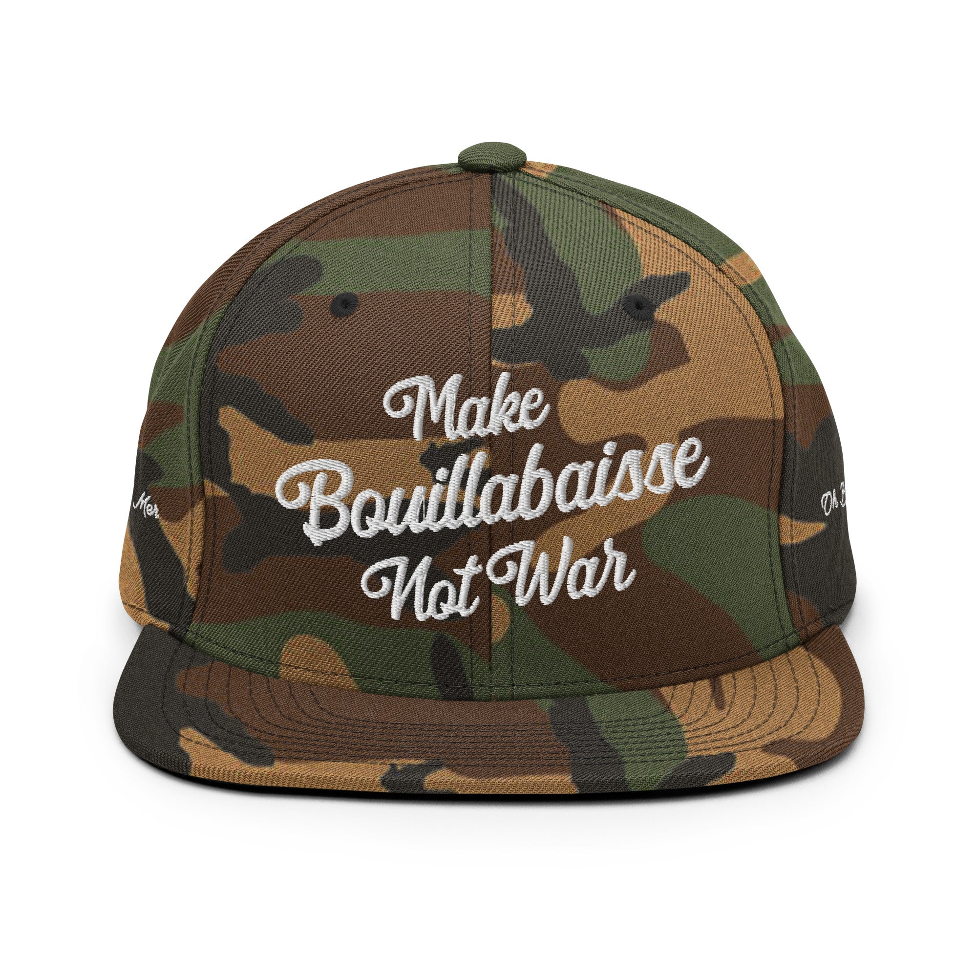Casquette Snapback camouflage Make Bouillabaisse Not War White brodé sur 3 côtés