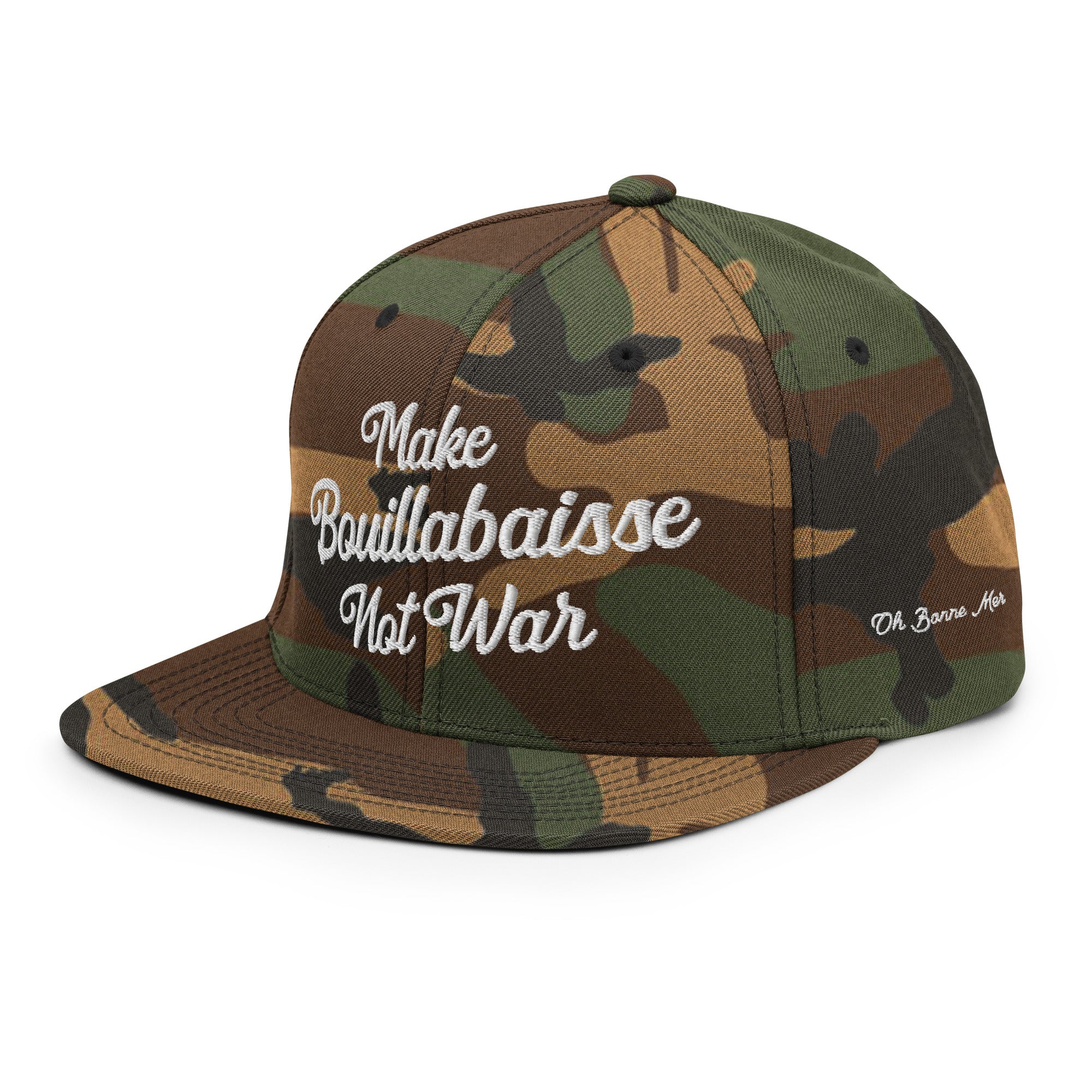 Casquette Snapback camouflage Make Bouillabaisse Not War White brodé sur 3 côtés