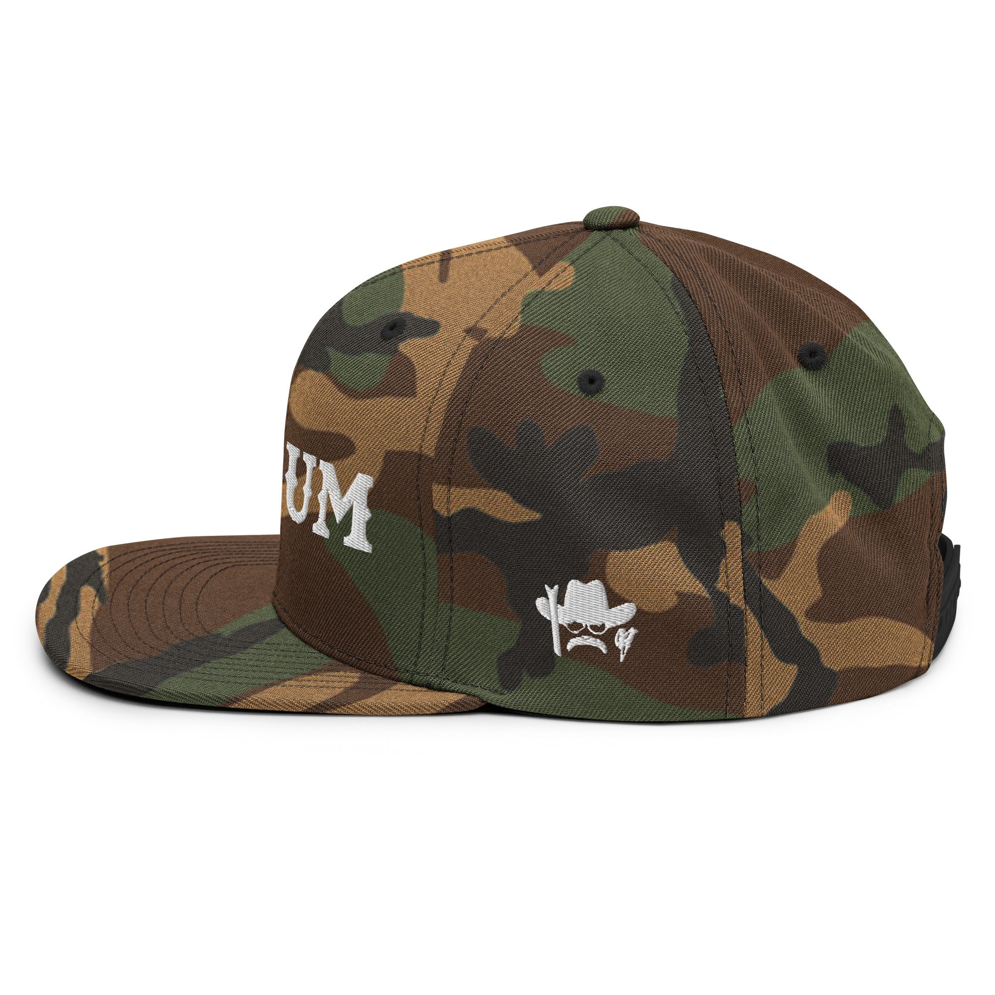 Camo Snapback Wool Blend Cap Ski Bum White embroidered pattern (3 sides)