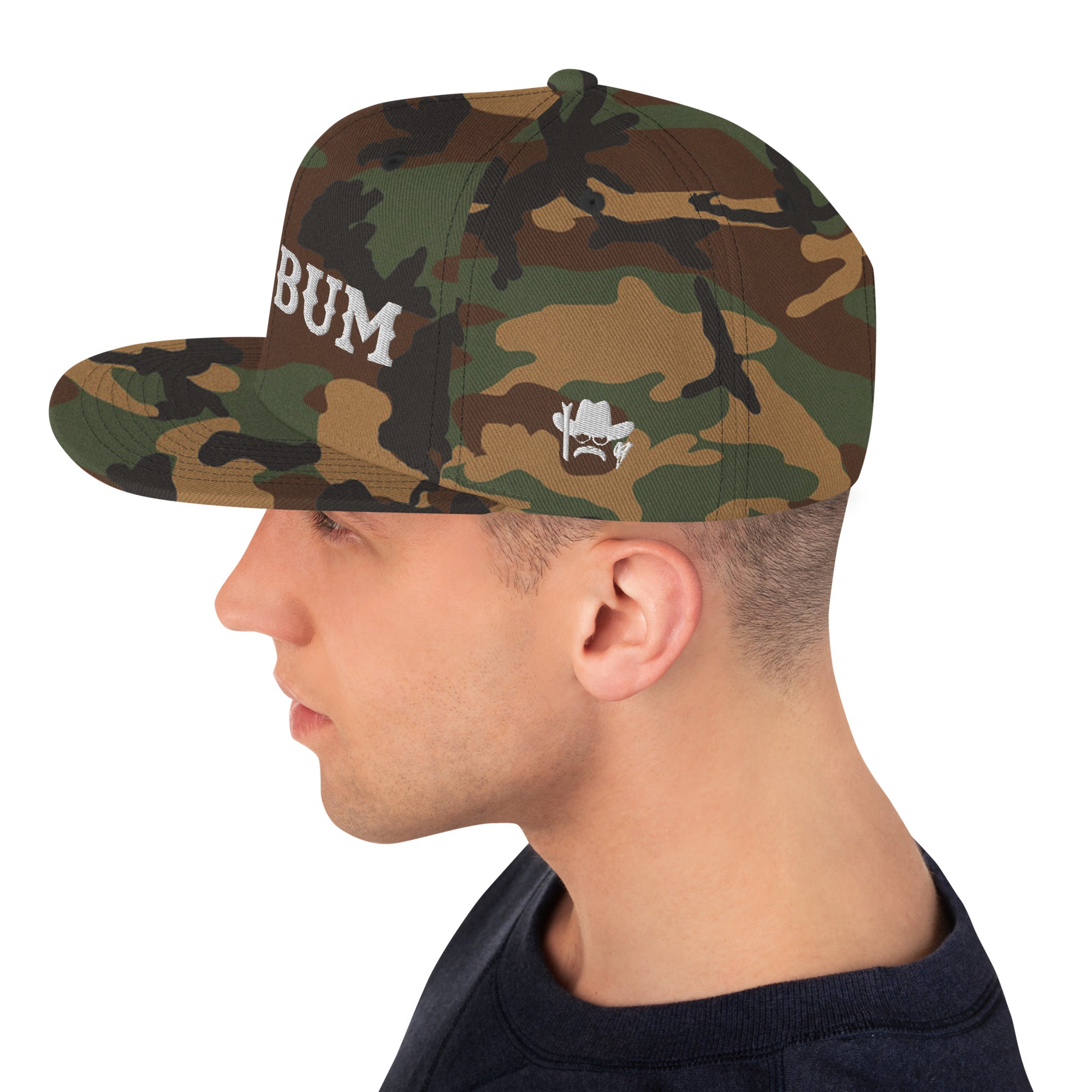 Camo Snapback Wool Blend Cap Ski Bum White embroidered pattern (3 sides)