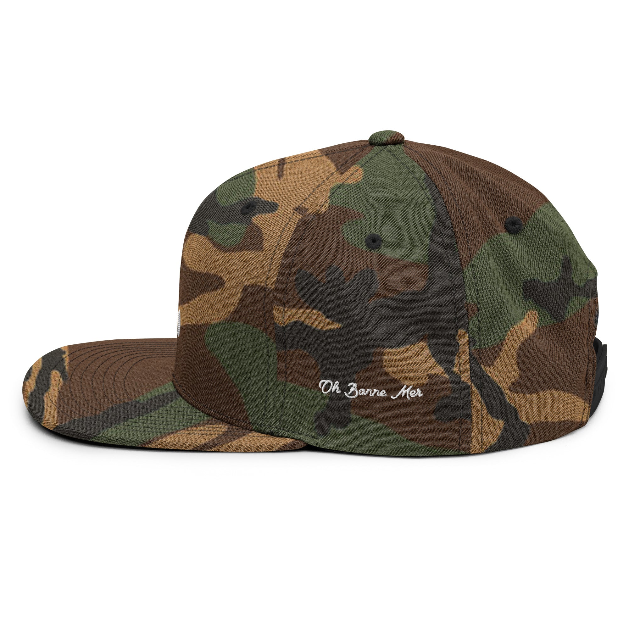 Casquette Snapback camouflage Croix de Camargue Oh Bonne Mer brodé blanc sur 3 côtés