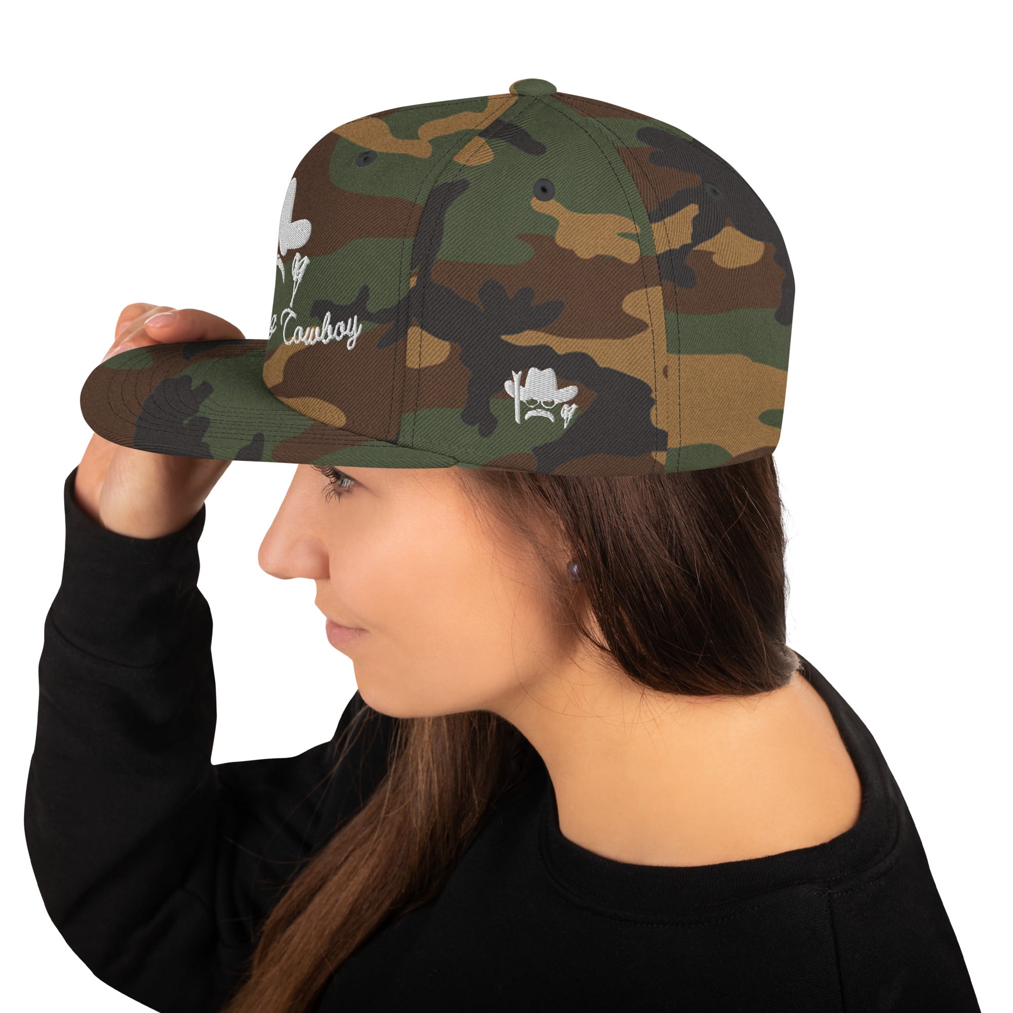 Camo Snapback Wool Blend Cap The Skiing Cowboy White embroidered pattern (3 sides)