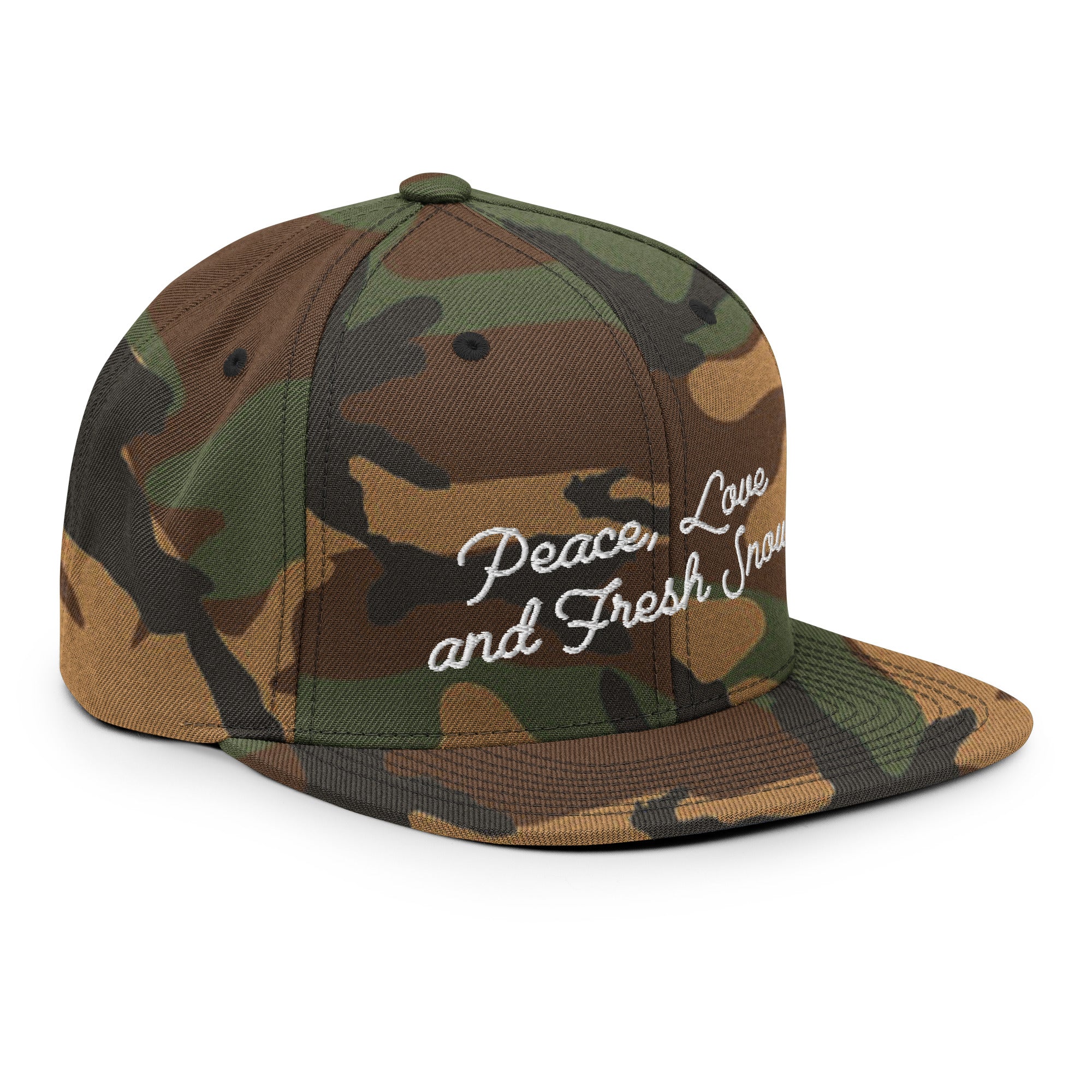 Camo Snapback Wool Blend Cap Peace, Love and Fresh Snow white