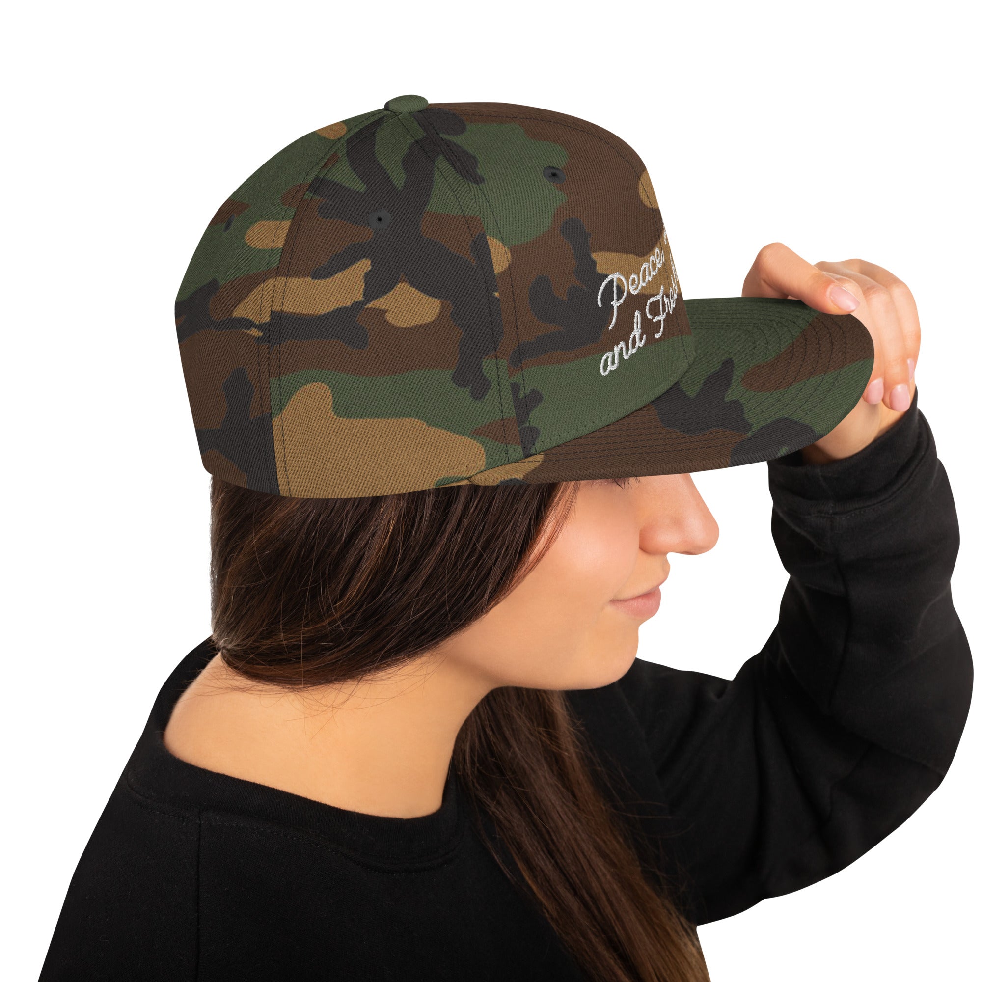 Camo Snapback Wool Blend Cap Peace, Love and Fresh Snow white