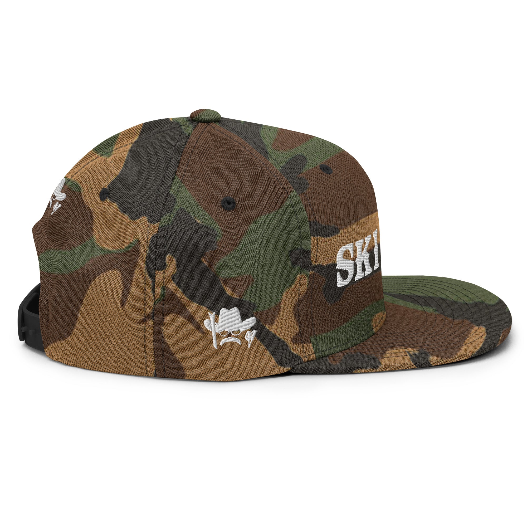 Camo Snapback Wool Blend Cap Ski Bum White embroidered pattern (3 sides)