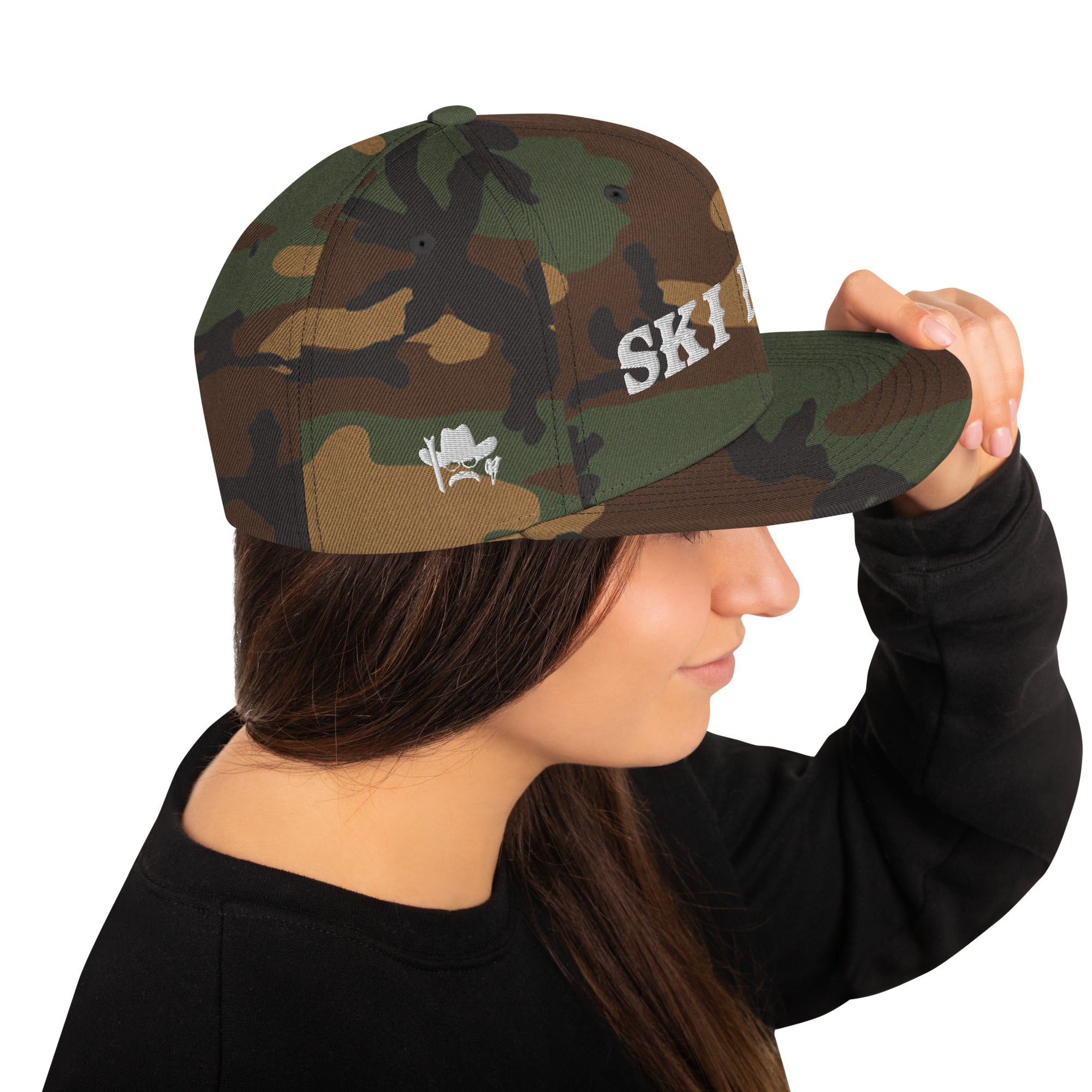 Camo Snapback Wool Blend Cap Ski Bum White embroidered pattern (3 sides)