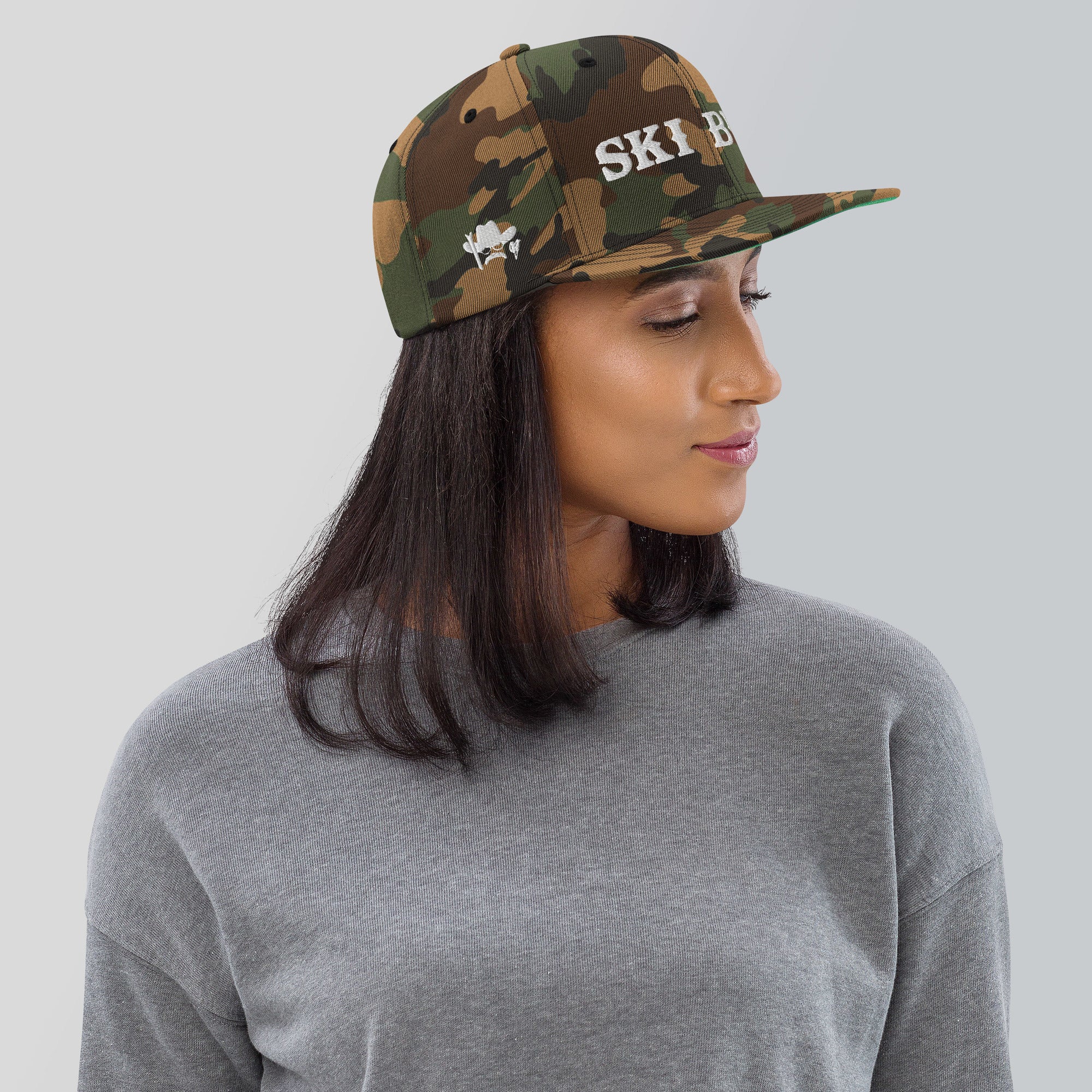 Camo Snapback Wool Blend Cap Ski Bum White embroidered pattern (3 sides)