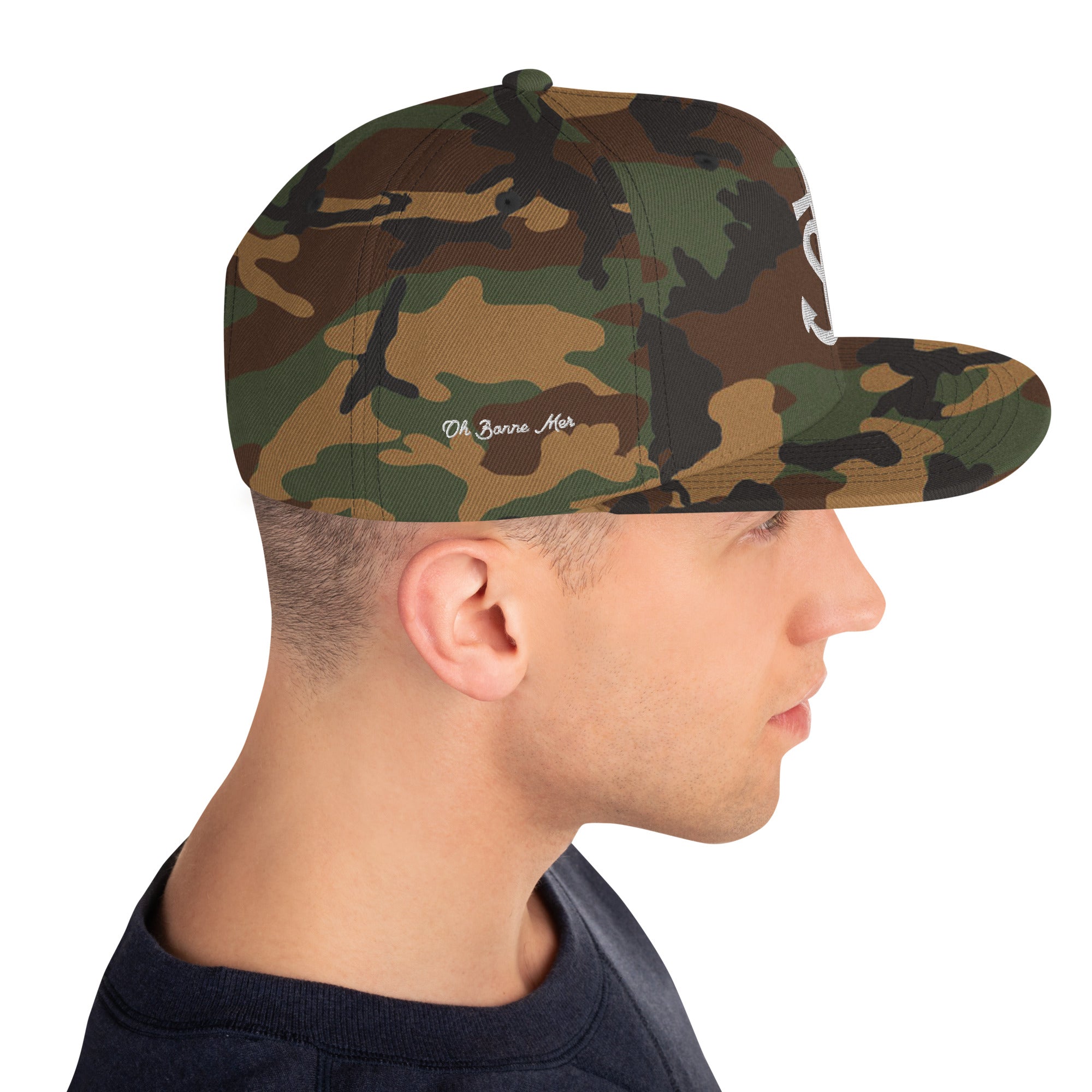 Casquette Snapback camouflage Croix de Camargue Oh Bonne Mer brodé blanc sur 3 côtés