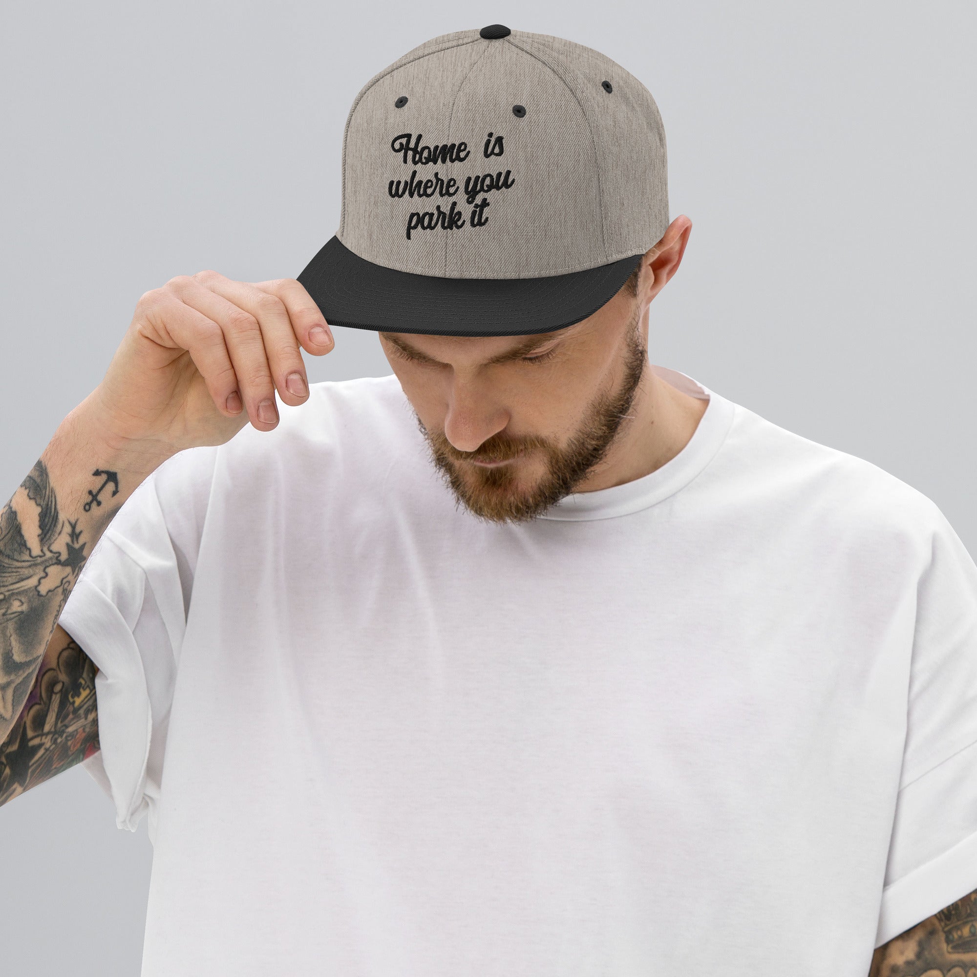 Two-Tone Snapback Wool Blend Cap Home is where you park it Black