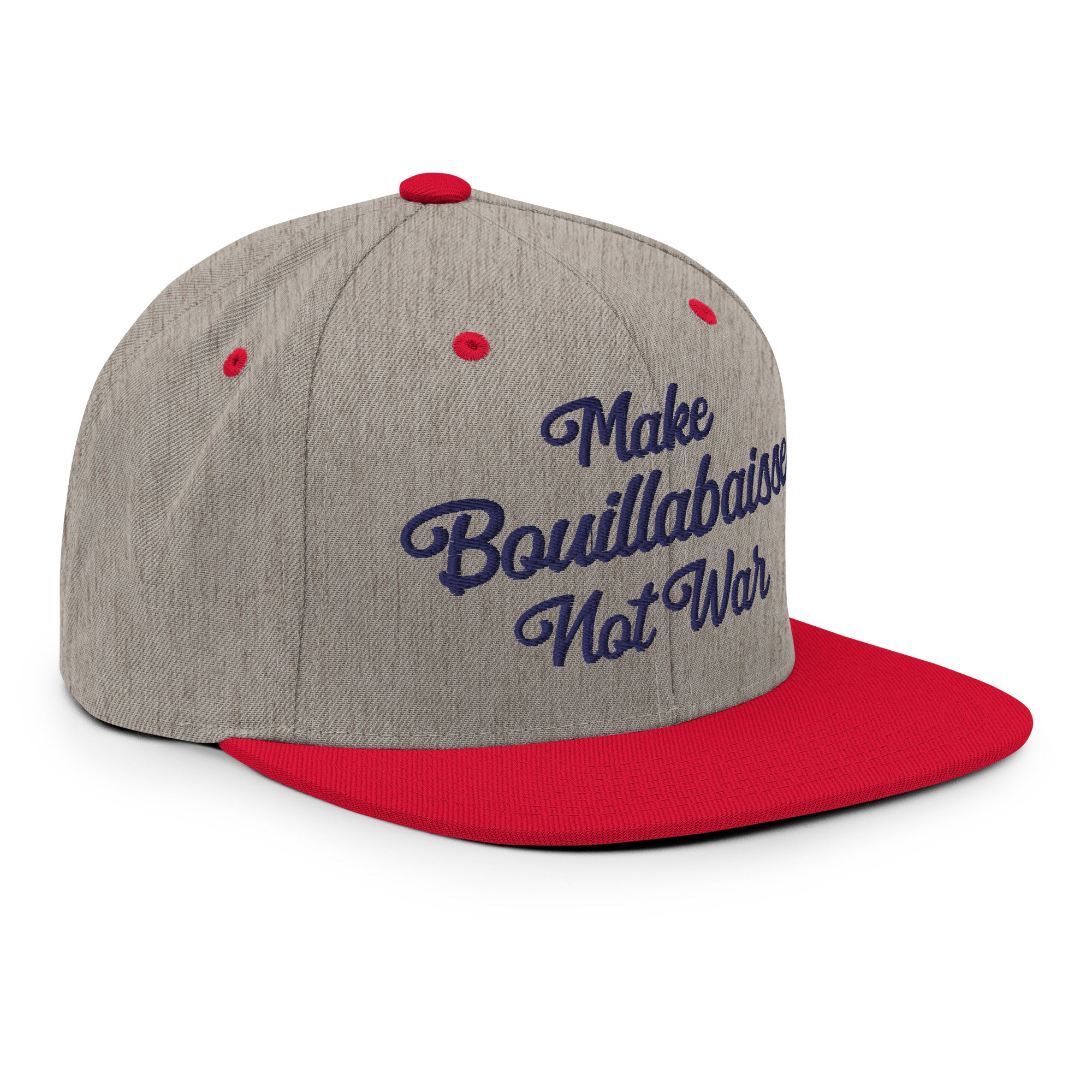 Two-Tone Snapback Wool Blend Cap Make Bouillabaisse Not War Navy