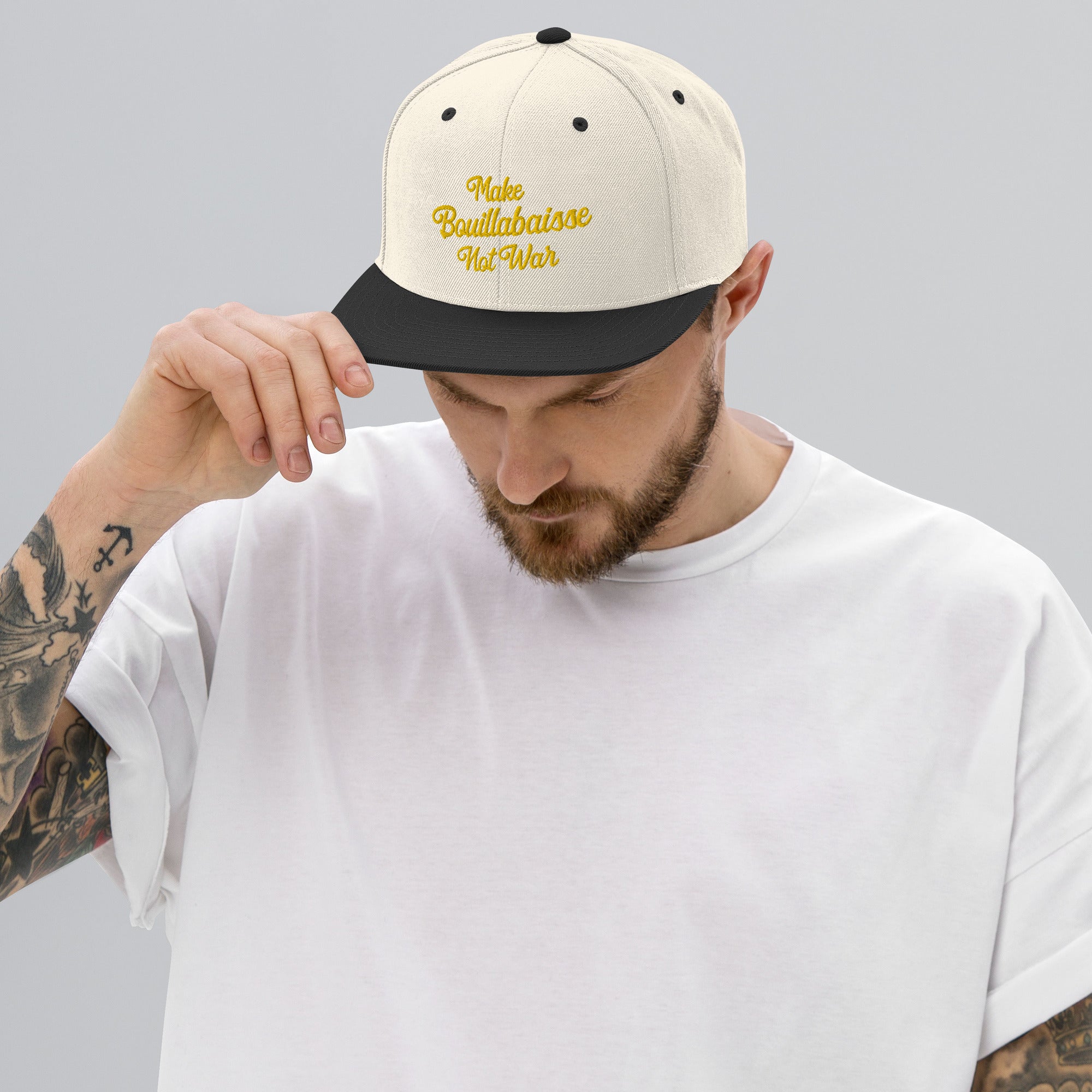 Two-Tone Snapback Wool Blend Cap Make Bouillabaisse Not War