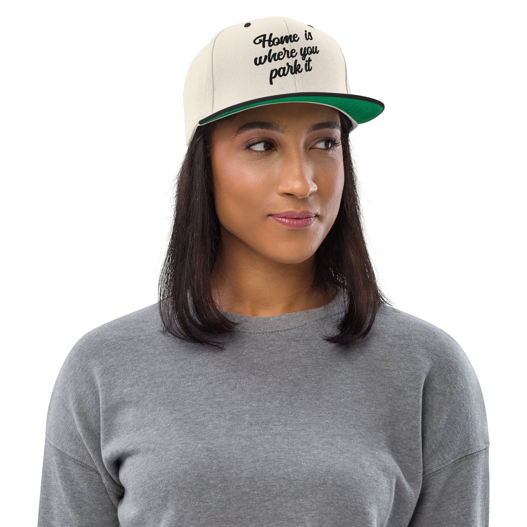 Two-Tone Snapback Wool Blend Cap Home is where you park it Black