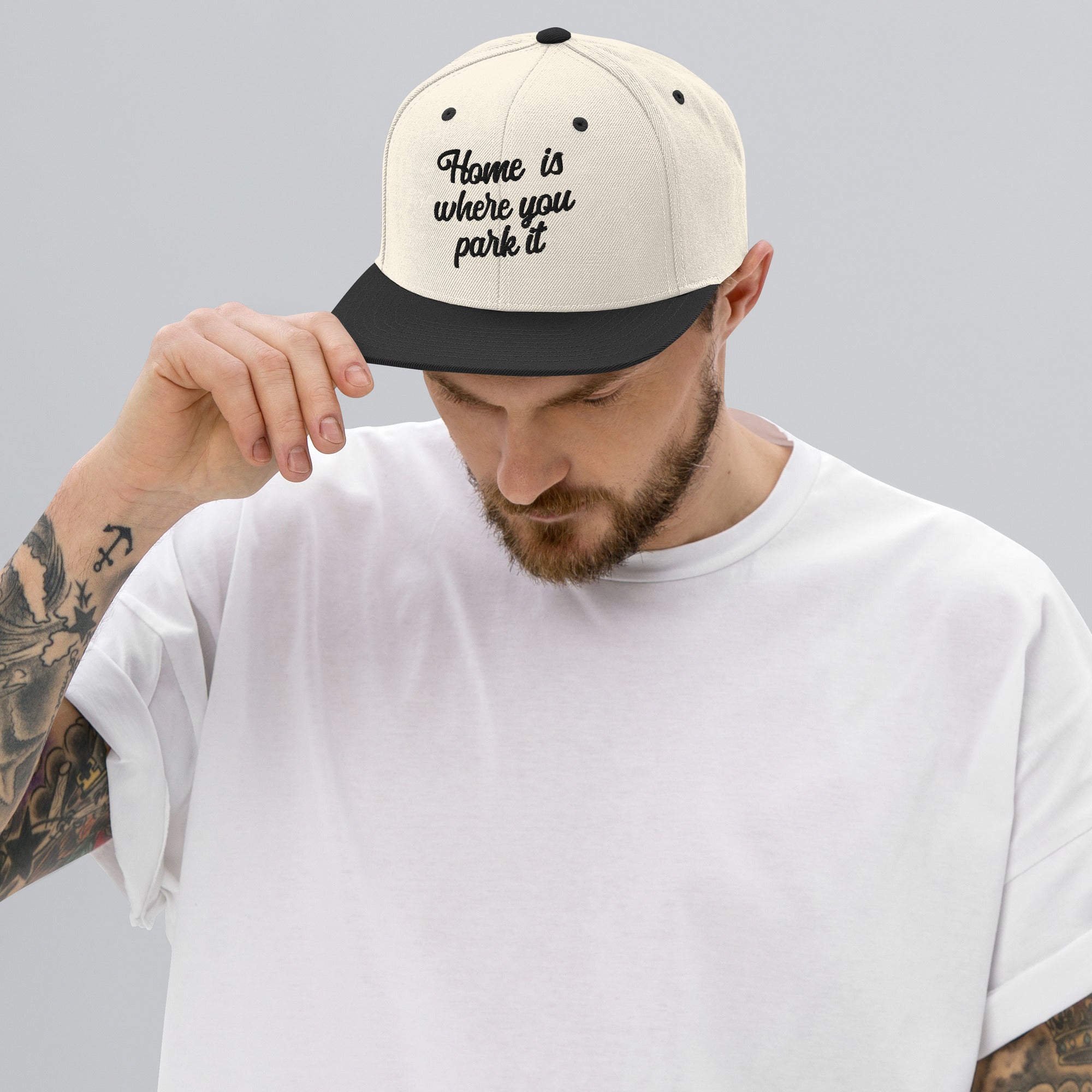 Two-Tone Snapback Wool Blend Cap Home is where you park it Black