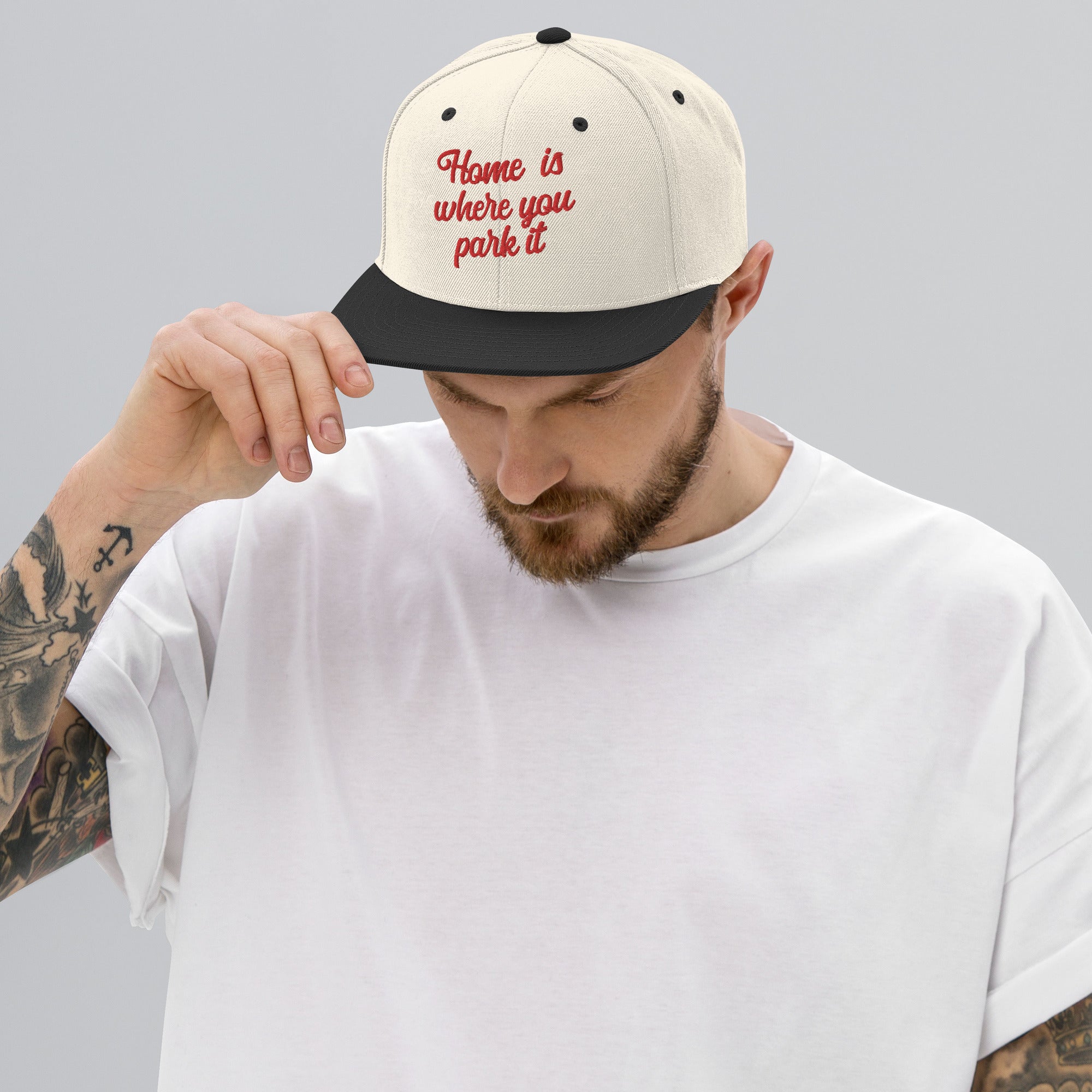 Two-Tone Snapback Wool Blend Cap Home is where you park it Red