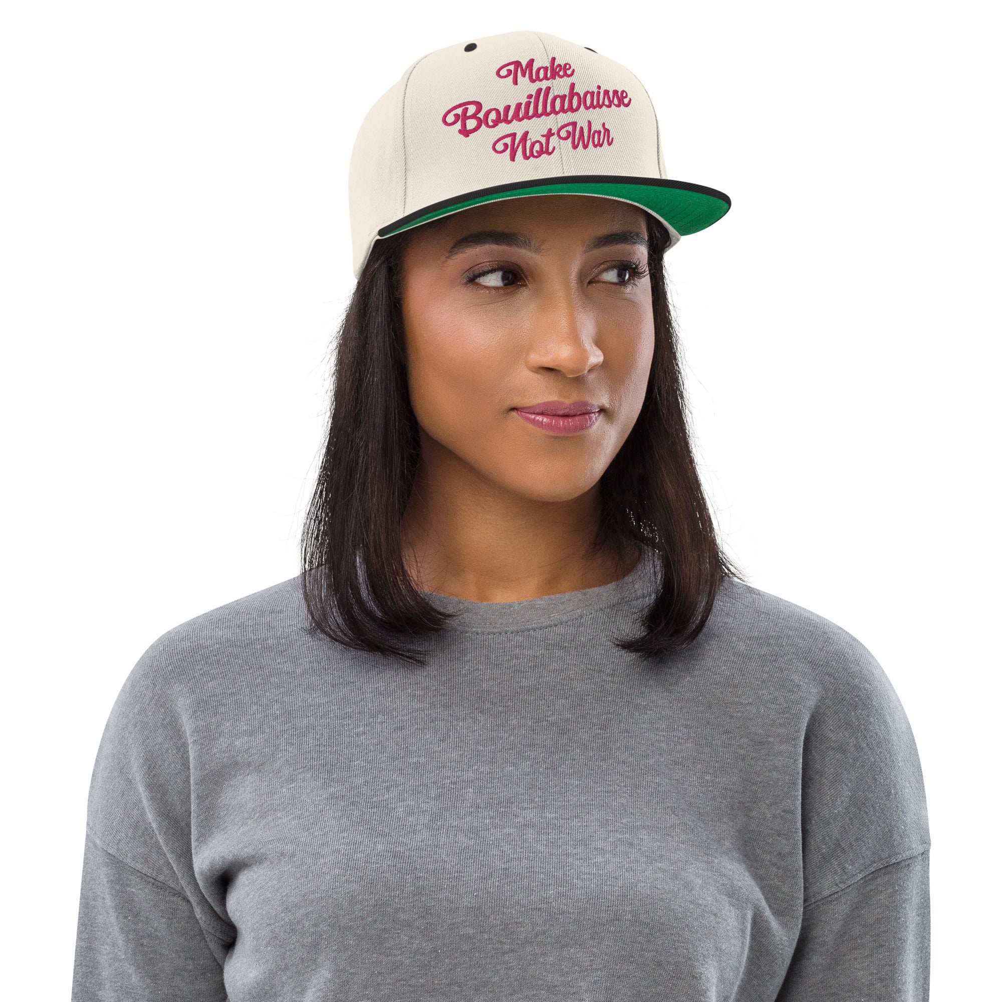 Two-Tone Snapback Wool Blend Cap Make Bouillabaisse Not War Flamingo