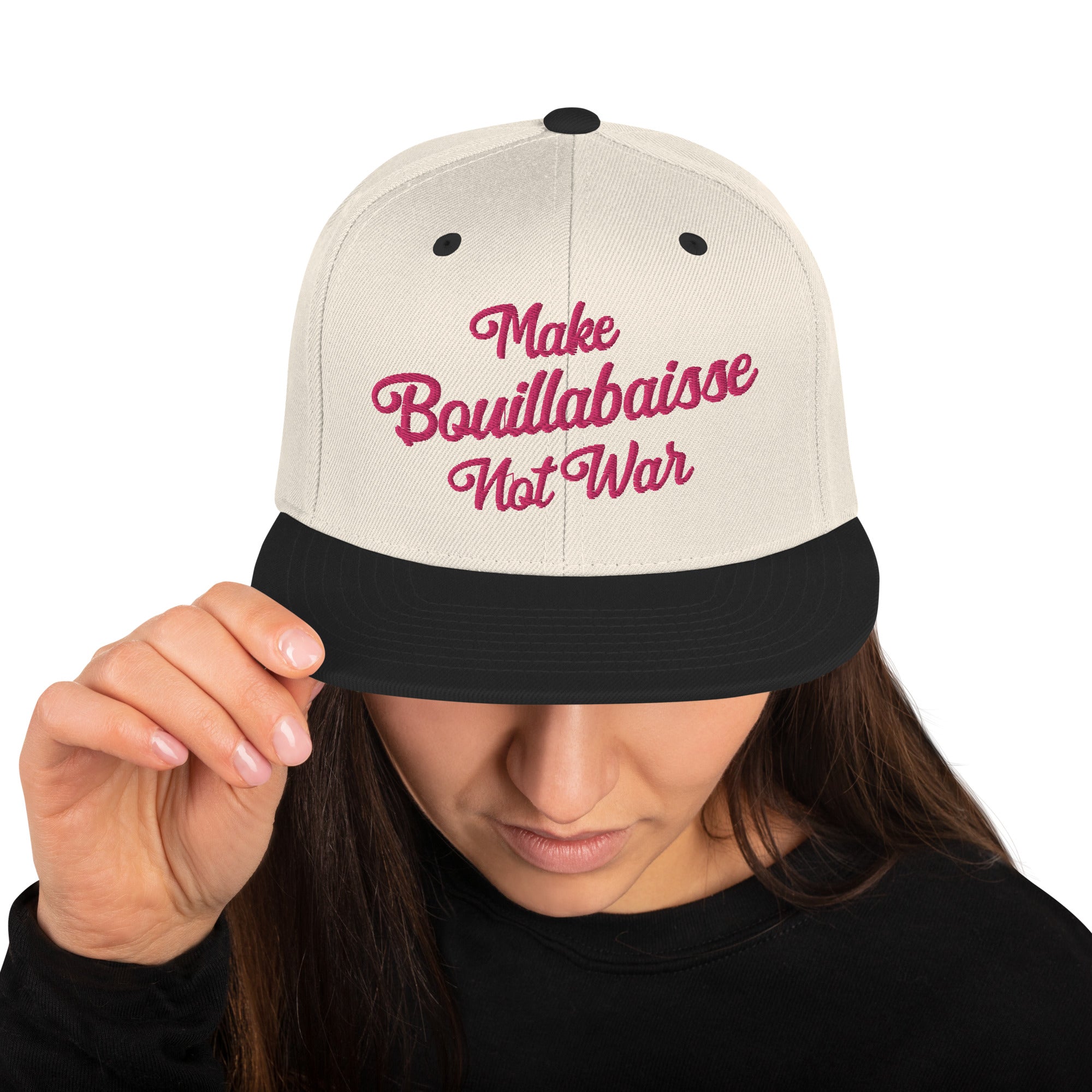 Two-Tone Snapback Wool Blend Cap Make Bouillabaisse Not War Flamingo