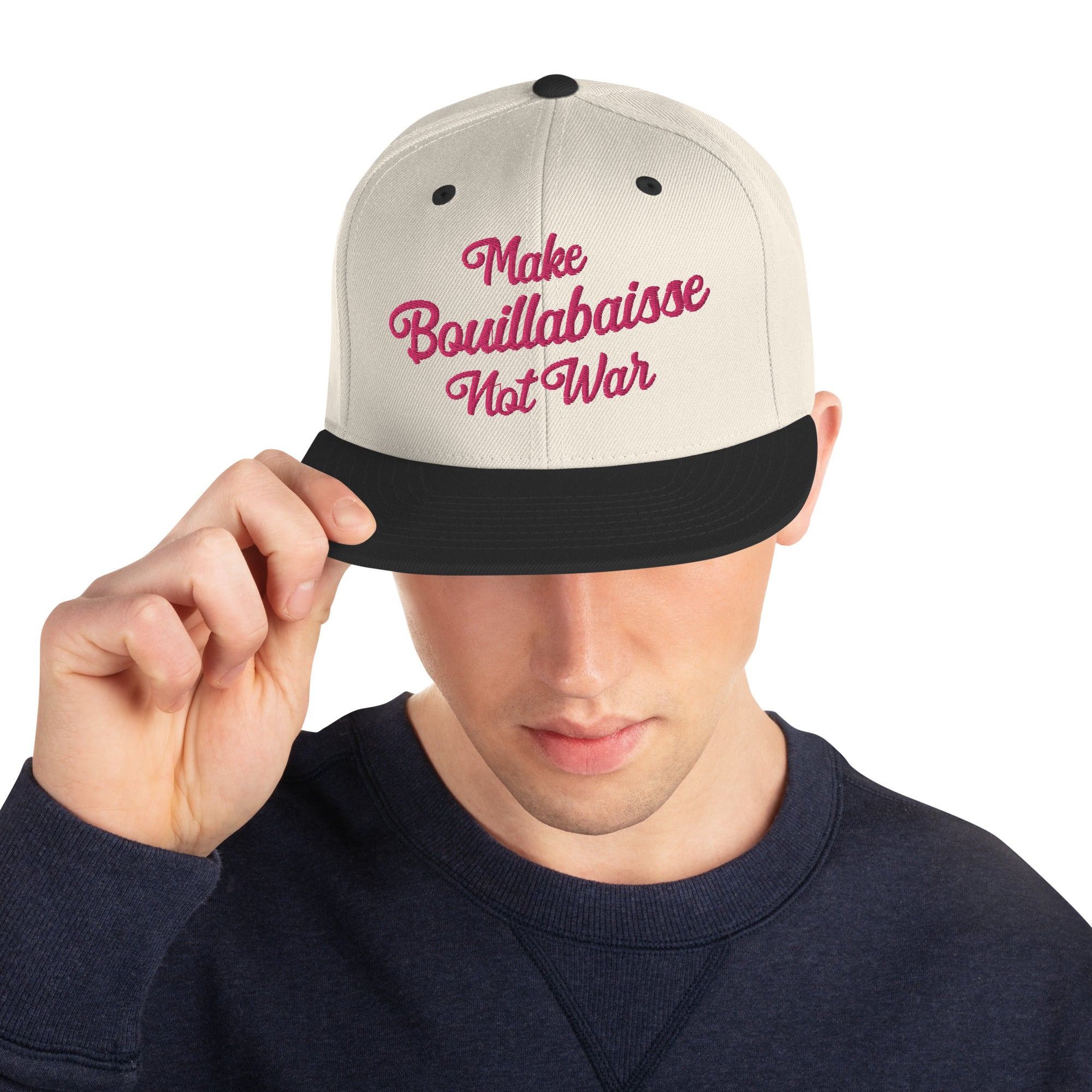 Two-Tone Snapback Wool Blend Cap Make Bouillabaisse Not War Flamingo