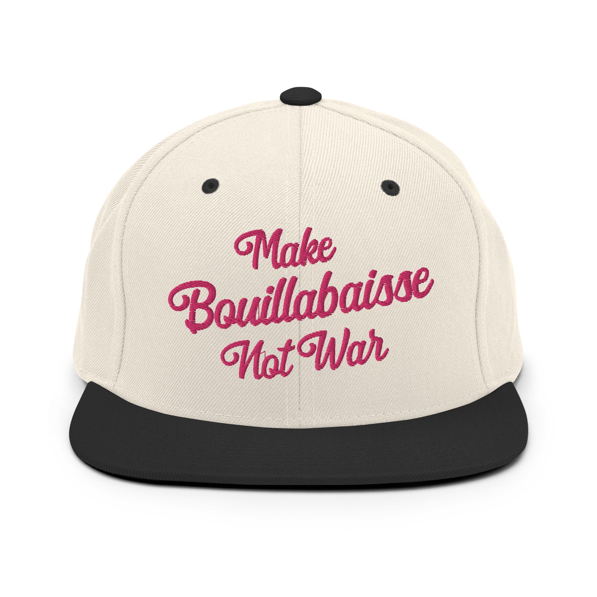 Two-Tone Snapback Wool Blend Cap Make Bouillabaisse Not War Flamingo