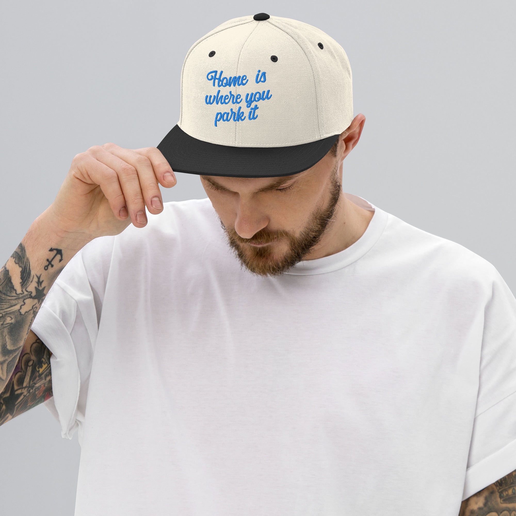 Two-Tone Snapback Wool Blend Cap Home is where you park it Aqua