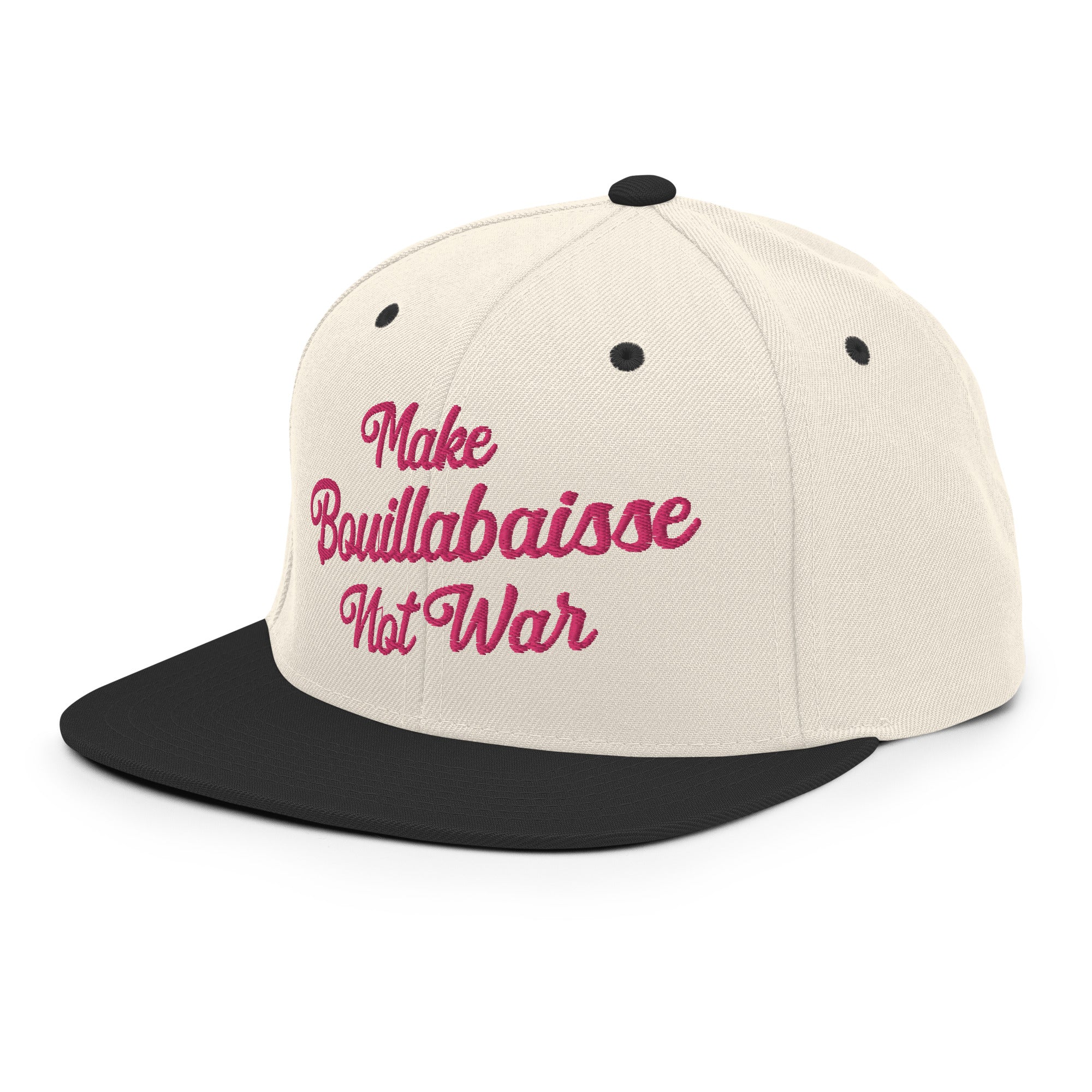 Two-Tone Snapback Wool Blend Cap Make Bouillabaisse Not War Flamingo