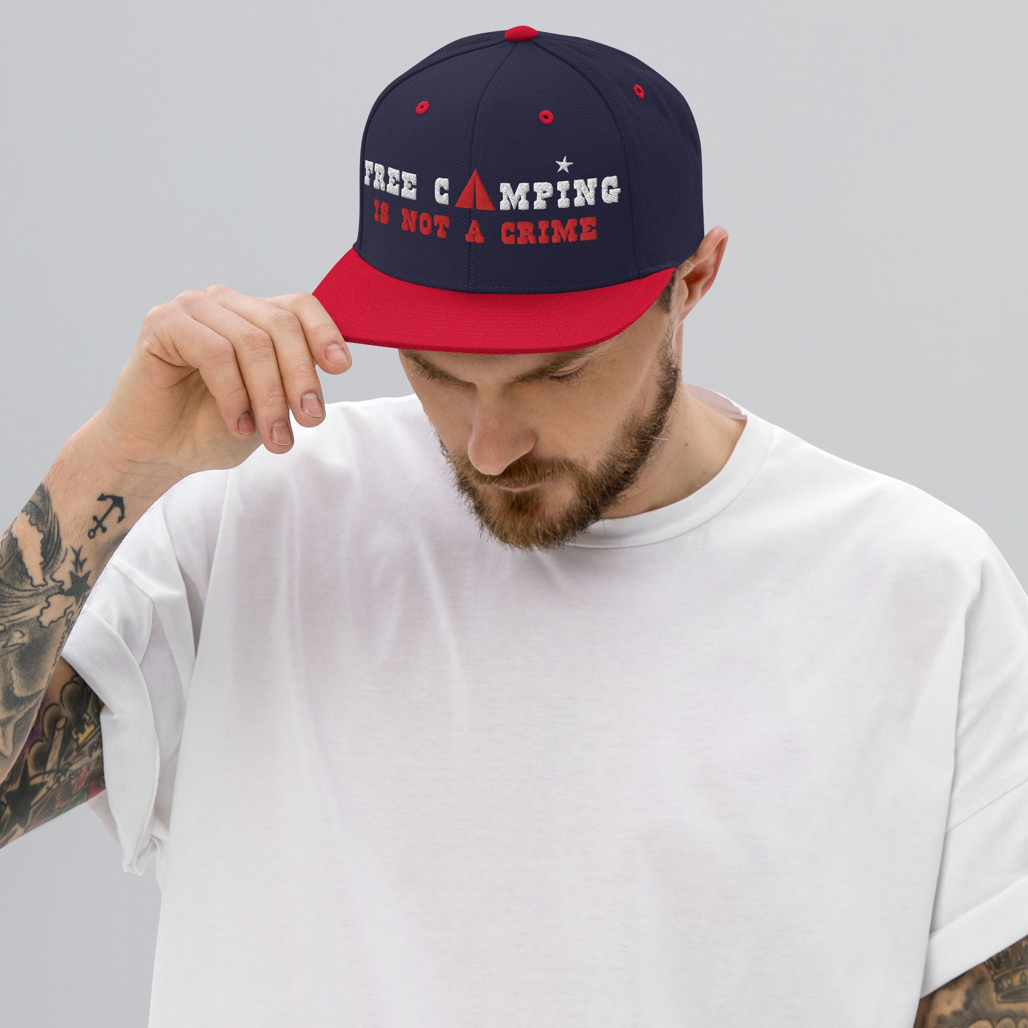 Two-Tone Snapback Wool Blend Cap Free camping is not a crime white/red