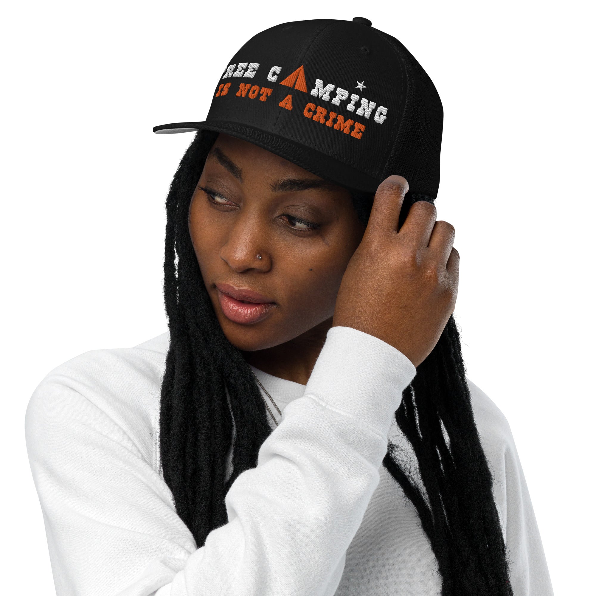 Closed-back trucker cap Free camping is not a crime white/orange