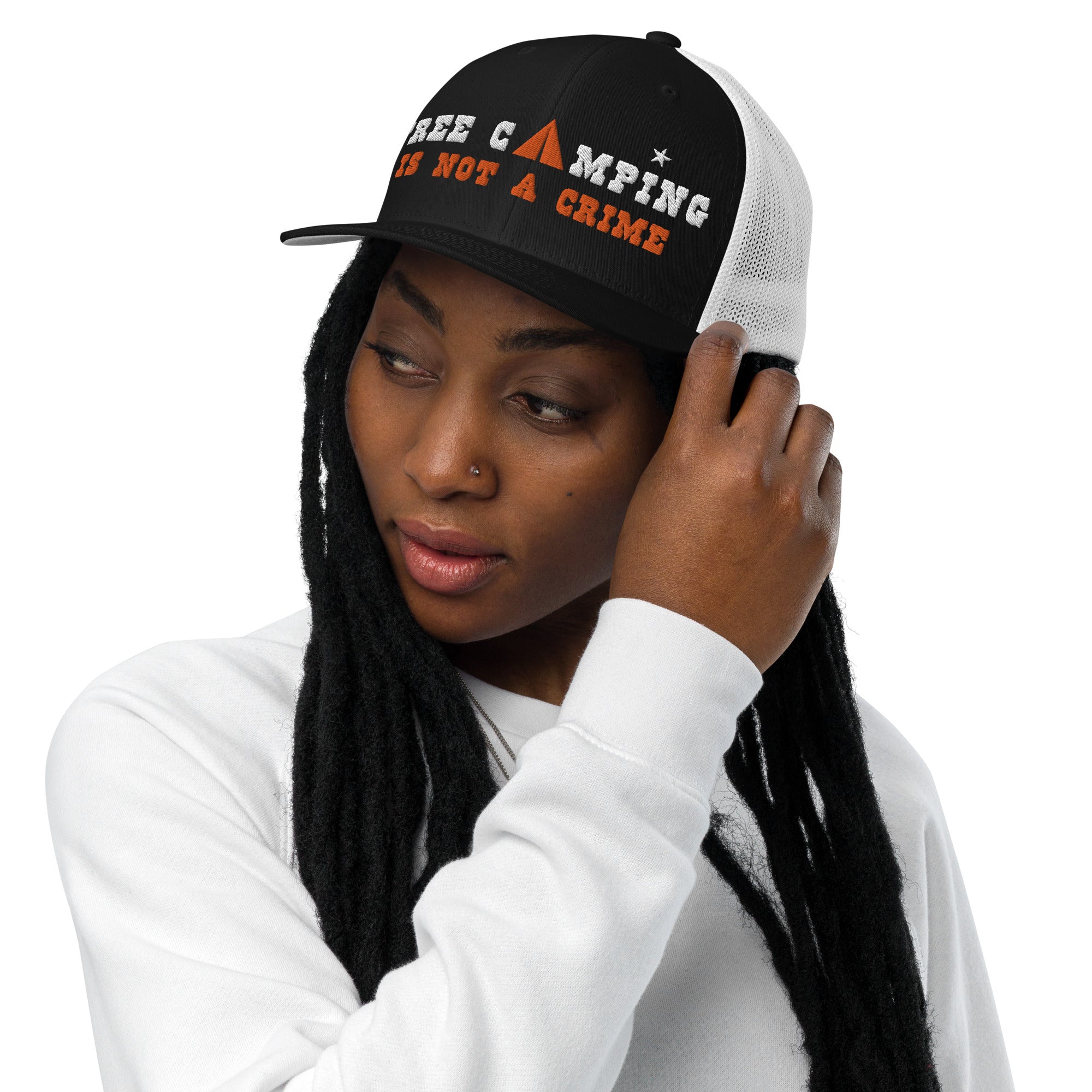 Closed-back trucker cap Free camping is not a crime white/orange