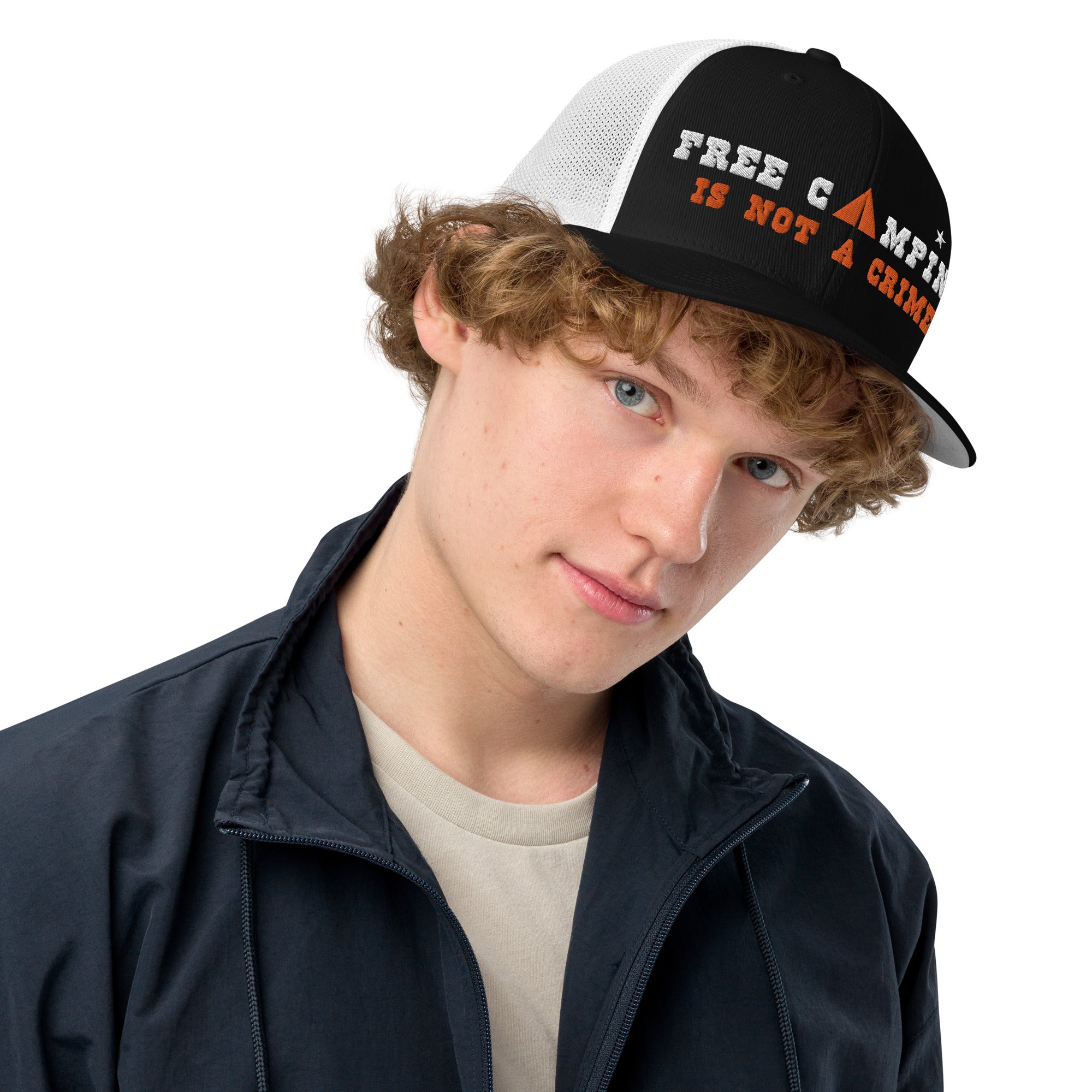 Closed-back trucker cap Free camping is not a crime white/orange