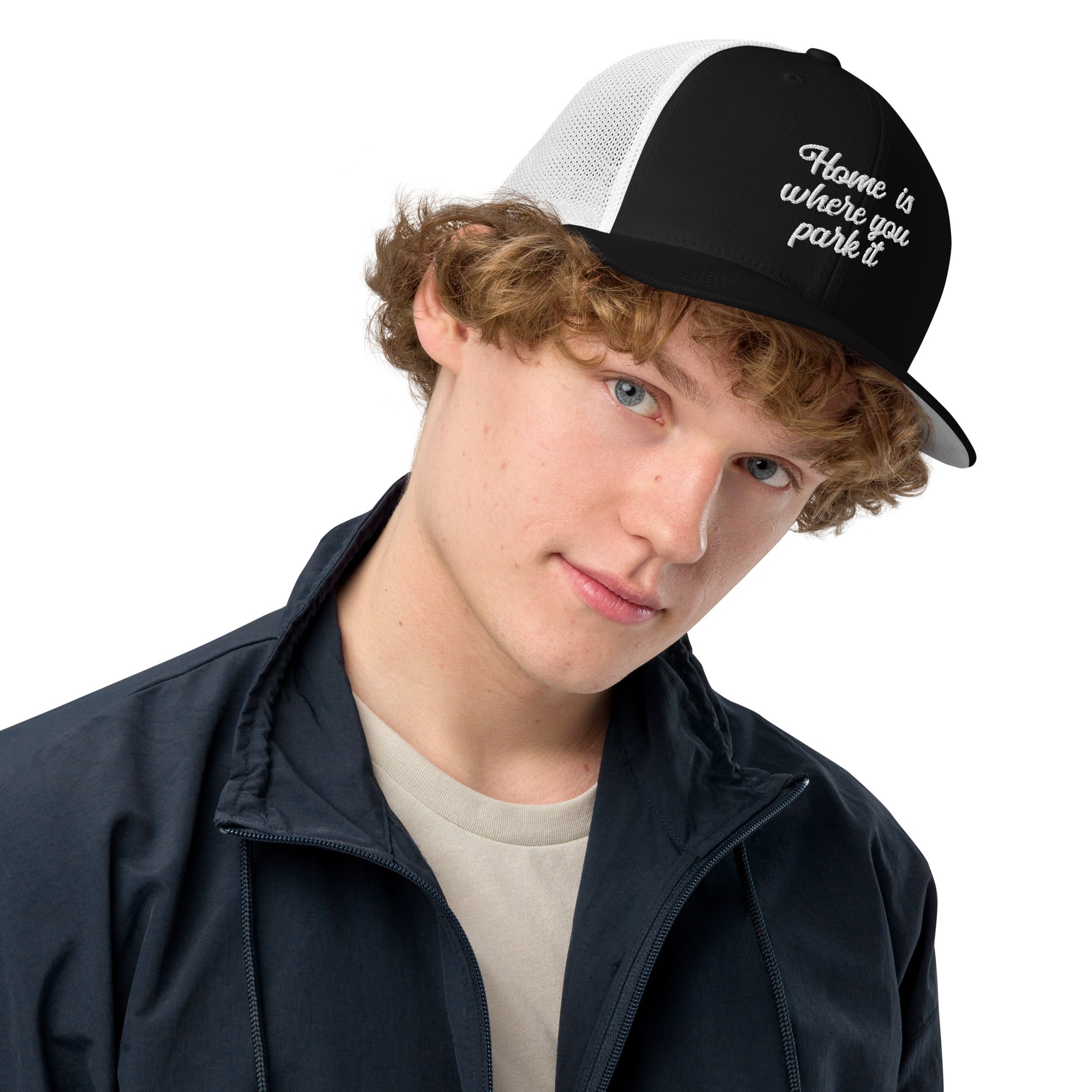 Closed-back trucker cap Home is where you park it white