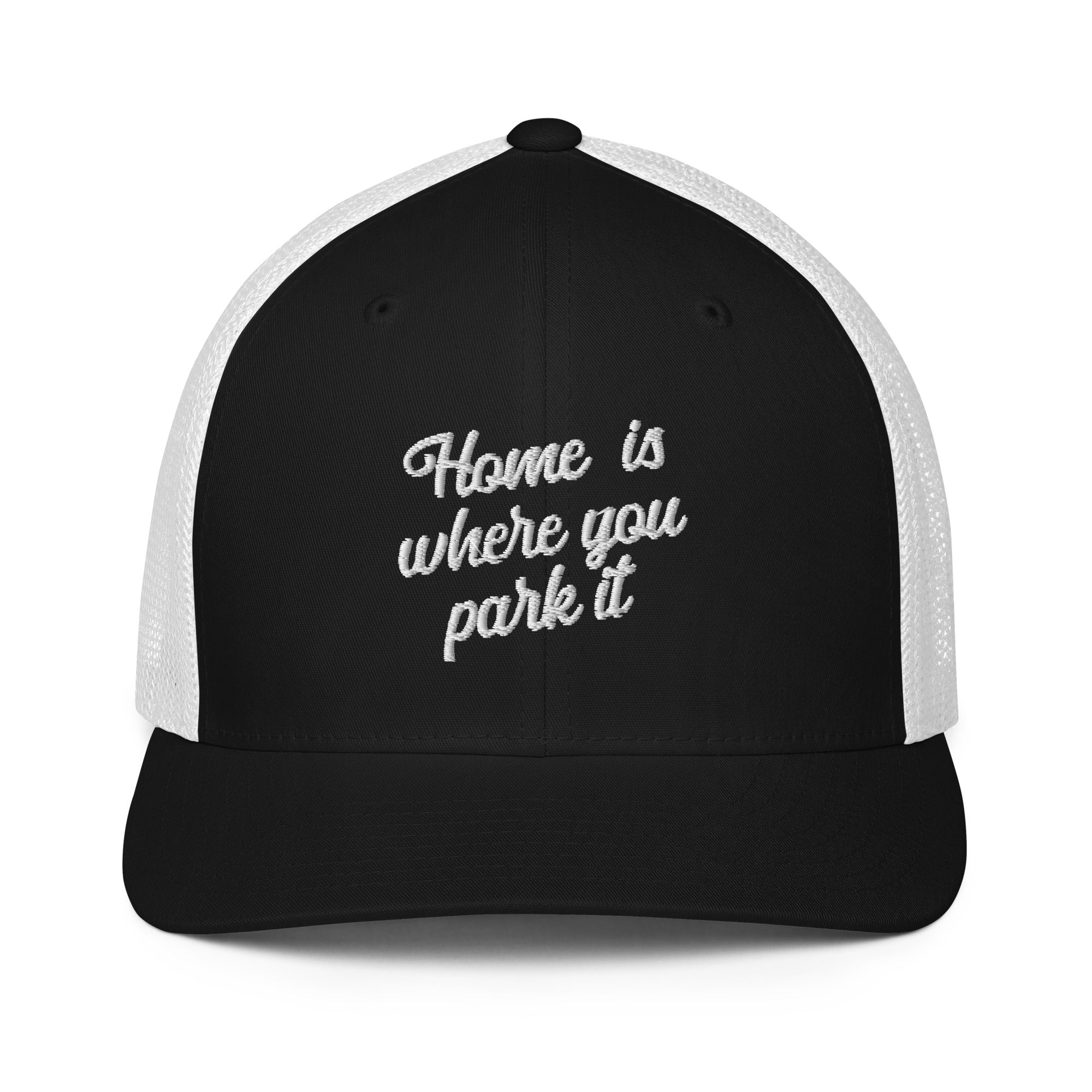 Closed-back trucker cap Home is where you park it white