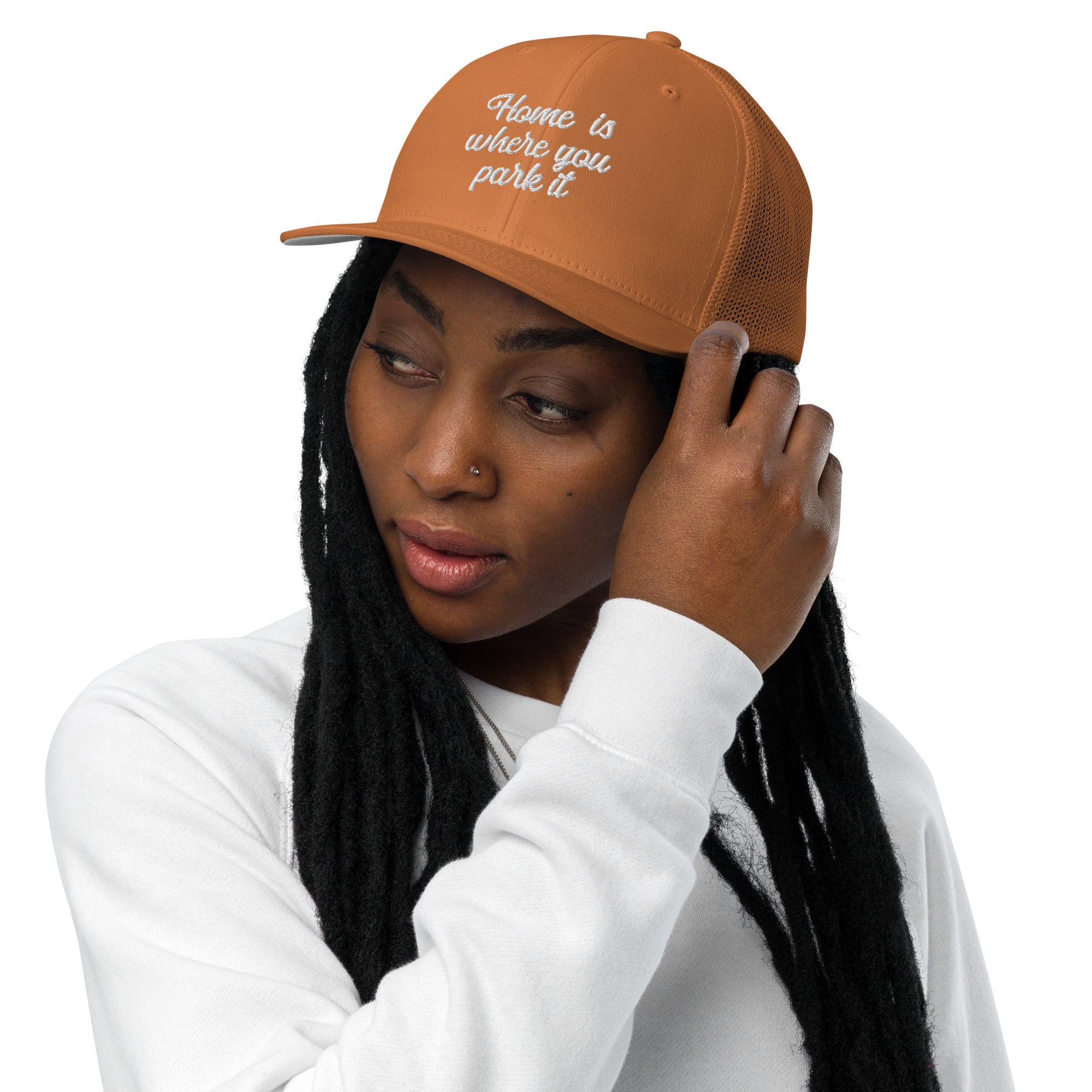 Closed-back trucker cap Home is where you park it white