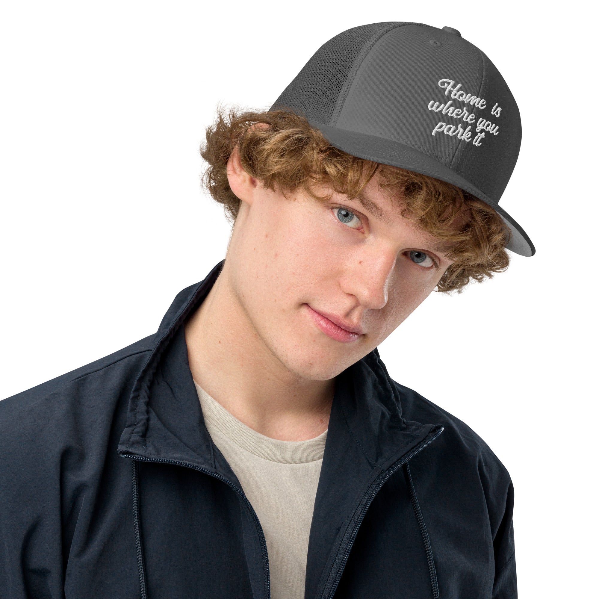 Closed-back trucker cap Home is where you park it white