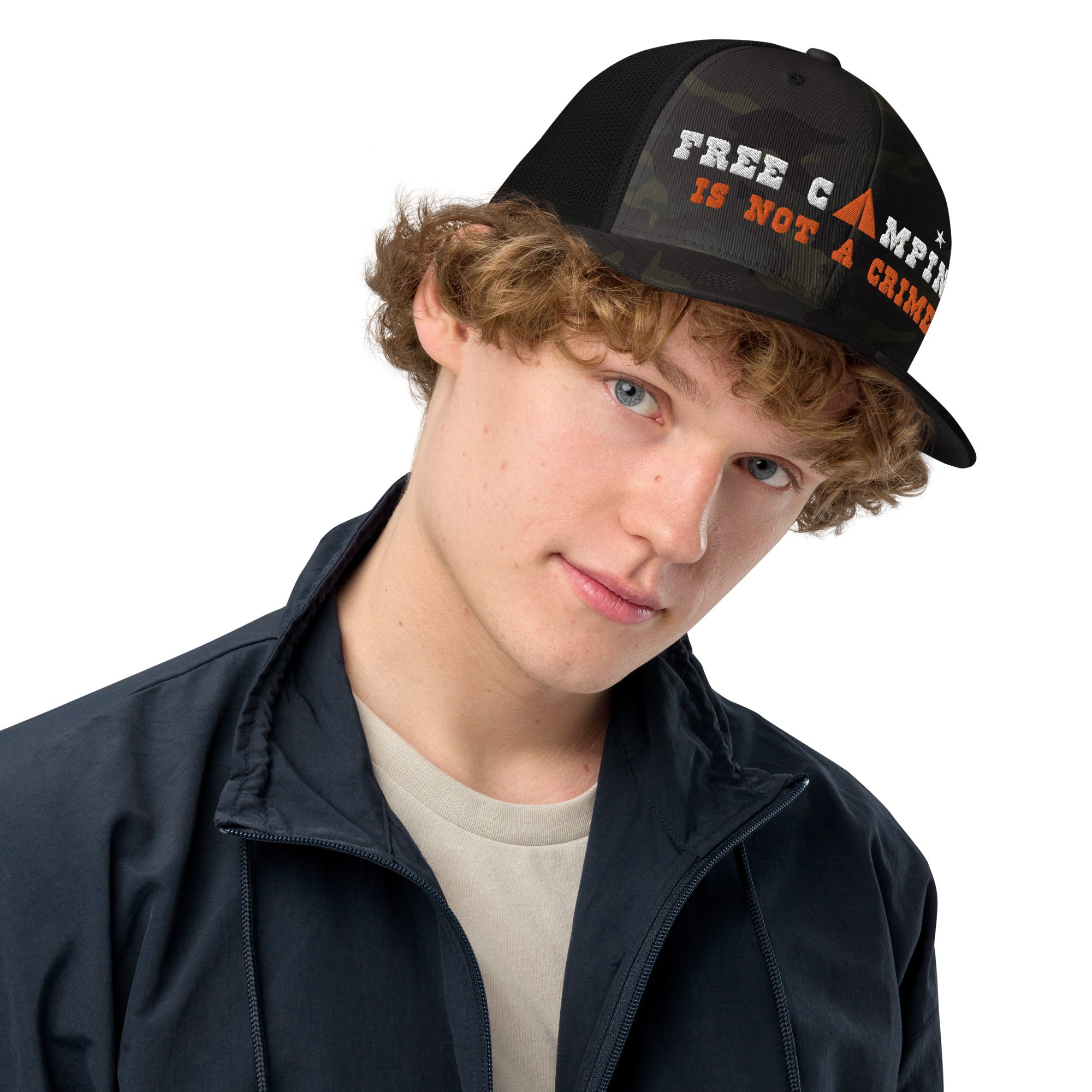 Camo closed-back trucker cap Free camping is not a crime white/orange