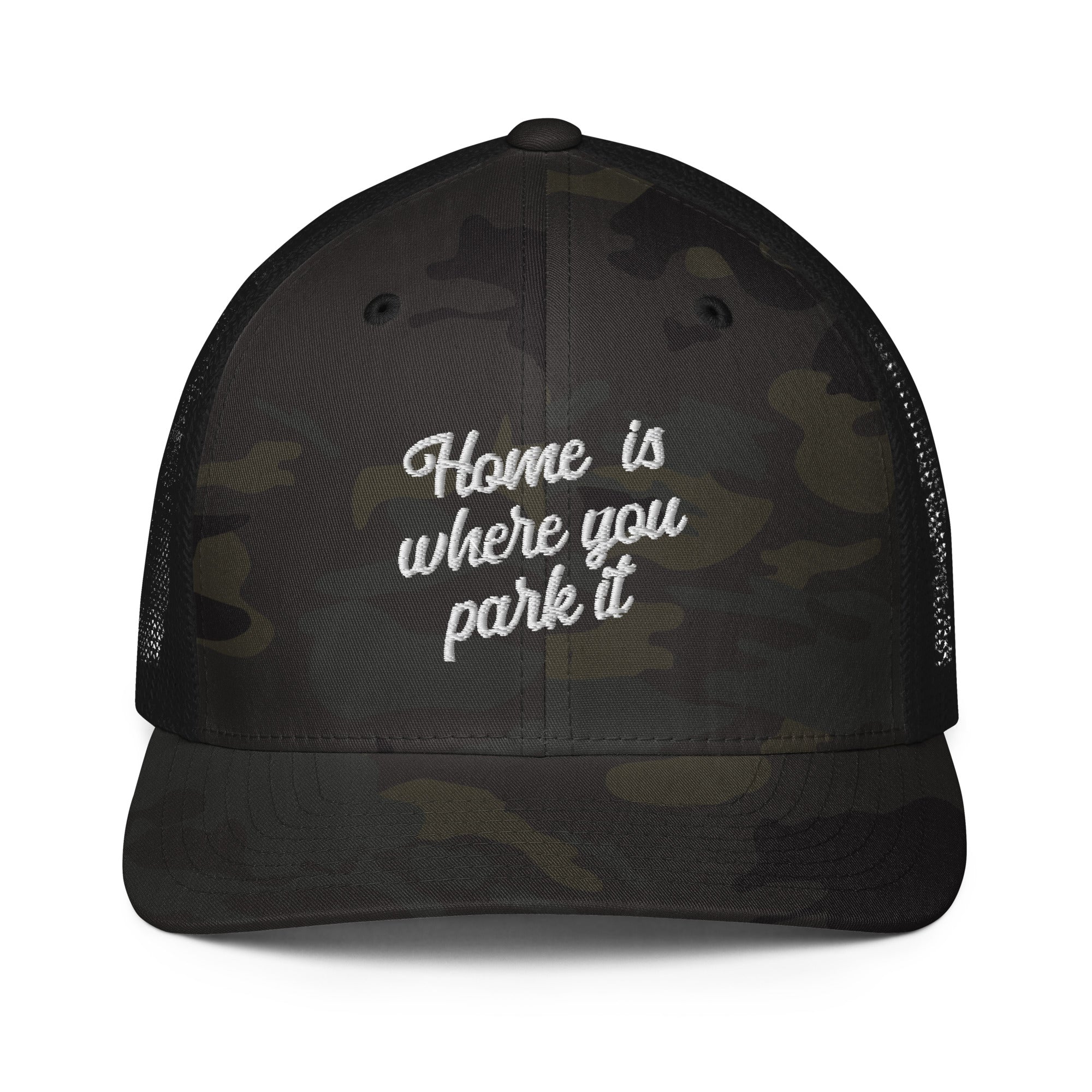 Camo closed-back trucker cap Home is where you park it white