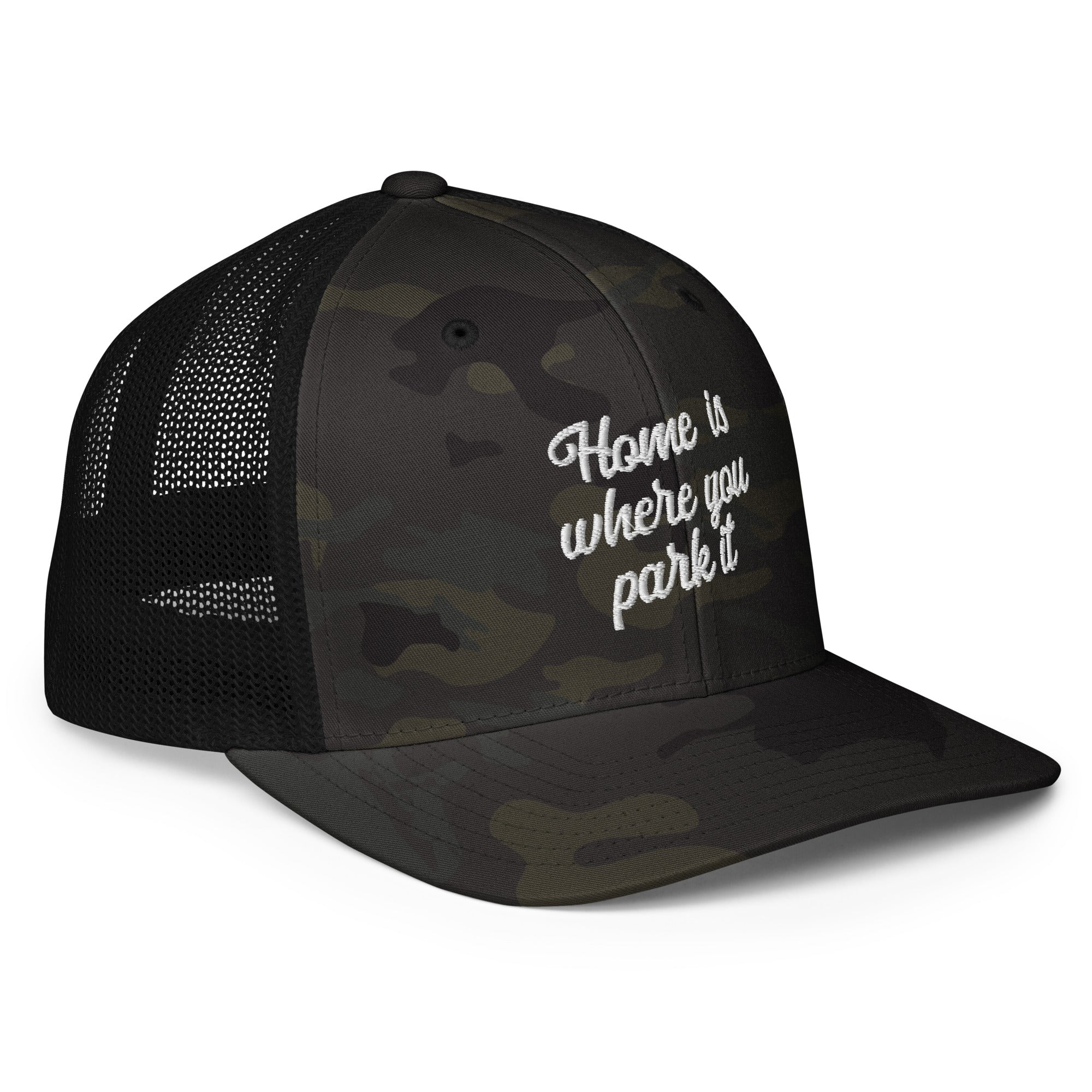 Camo closed-back trucker cap Home is where you park it white