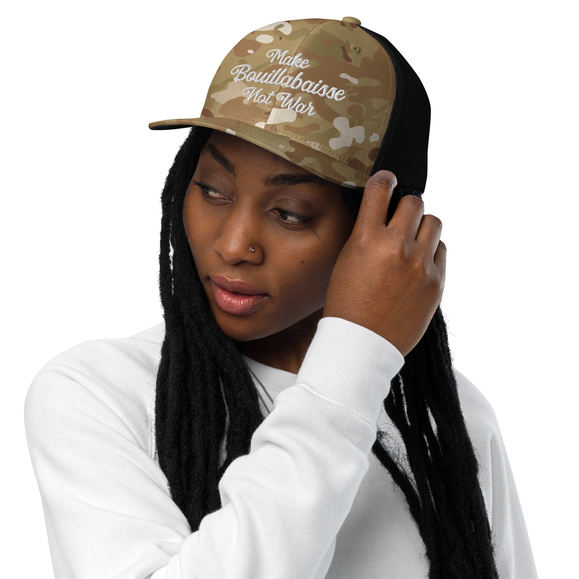 Casquette trucker renforcée Make Bouillabaisse Not War White 3DPuffy