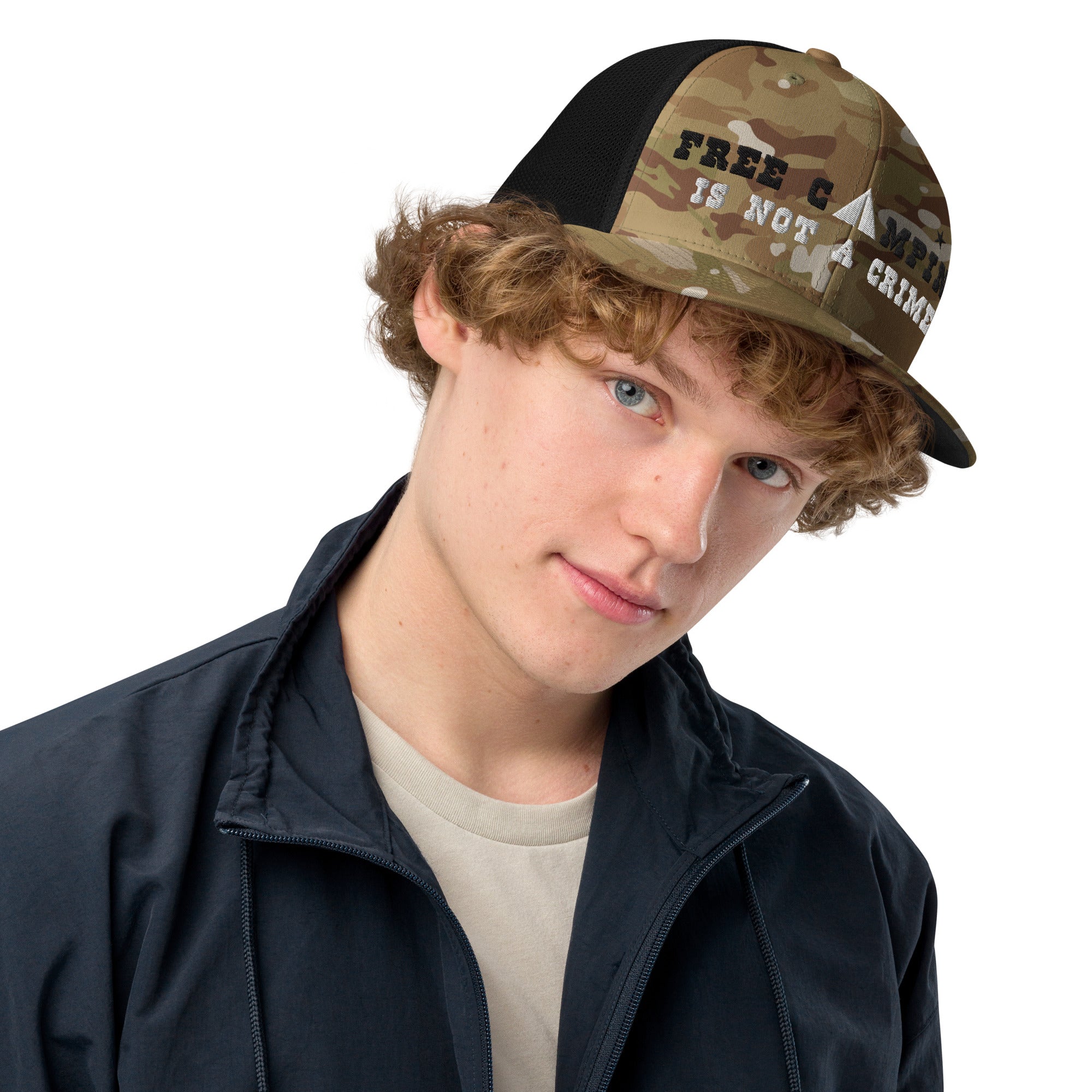 Camo closed-back trucker cap Free camping is not a crime black/white