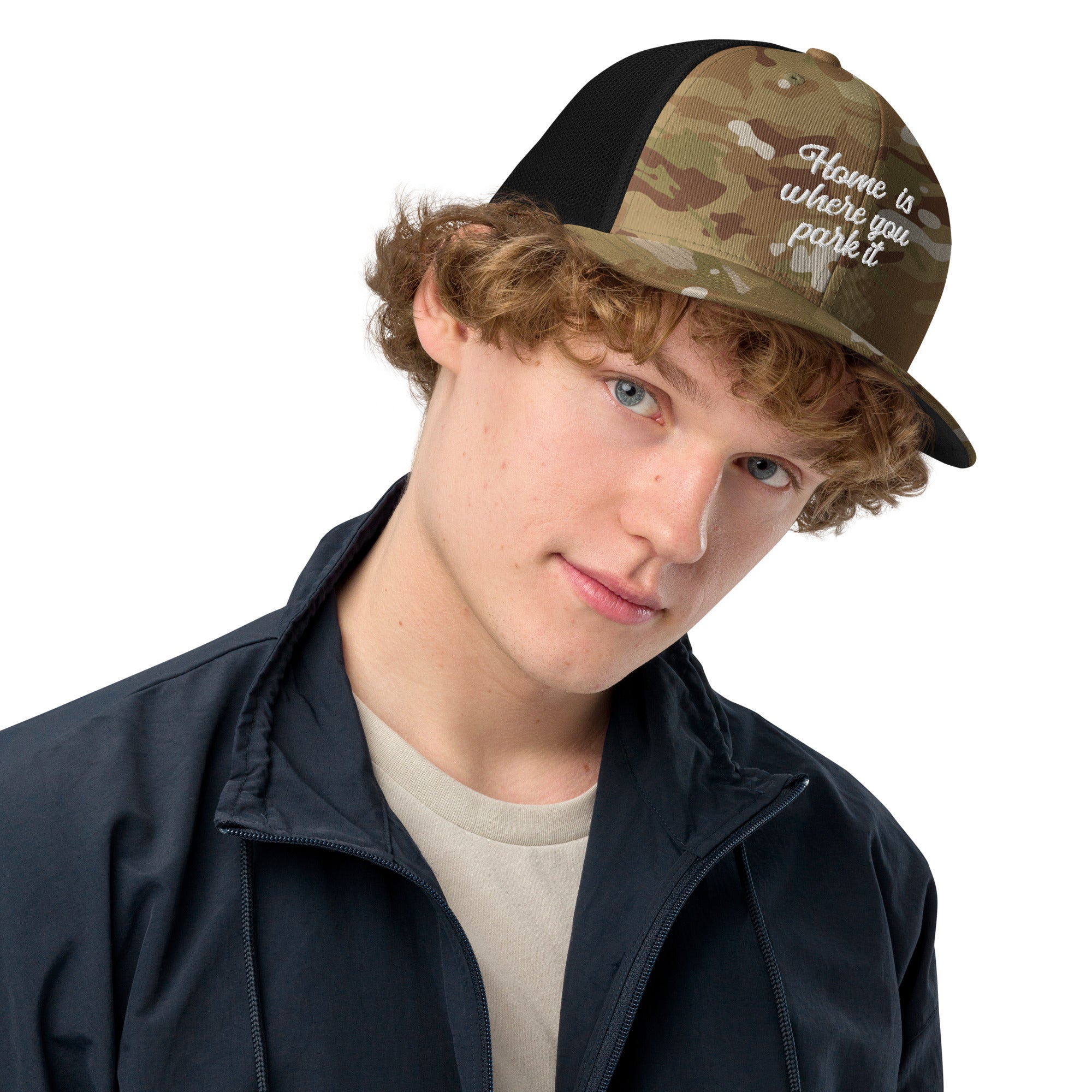 Camo closed-back trucker cap Home is where you park it white